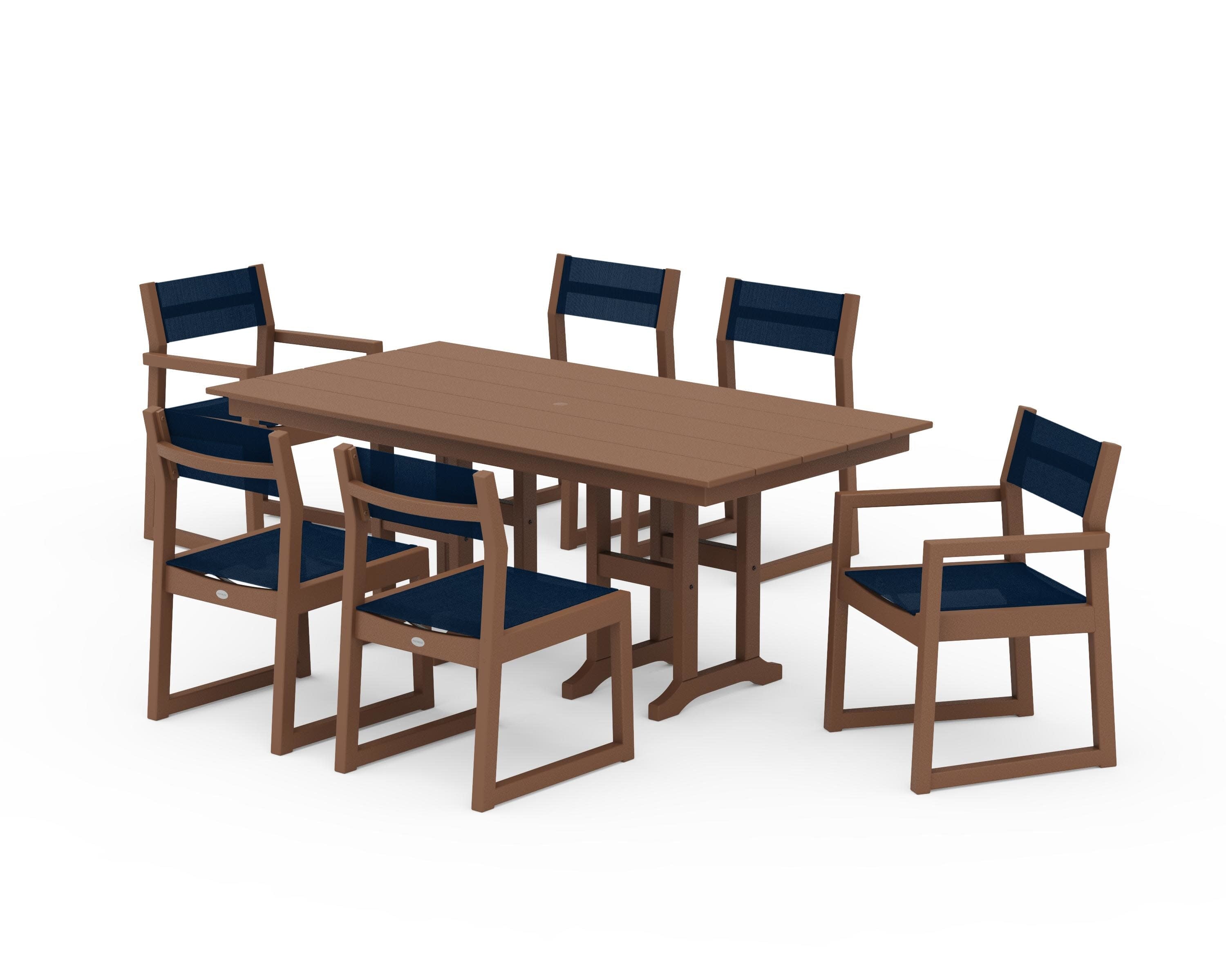 EDGE Sling 7-Piece Farmhouse Dining Set in Teak / Navy Blue Sling
