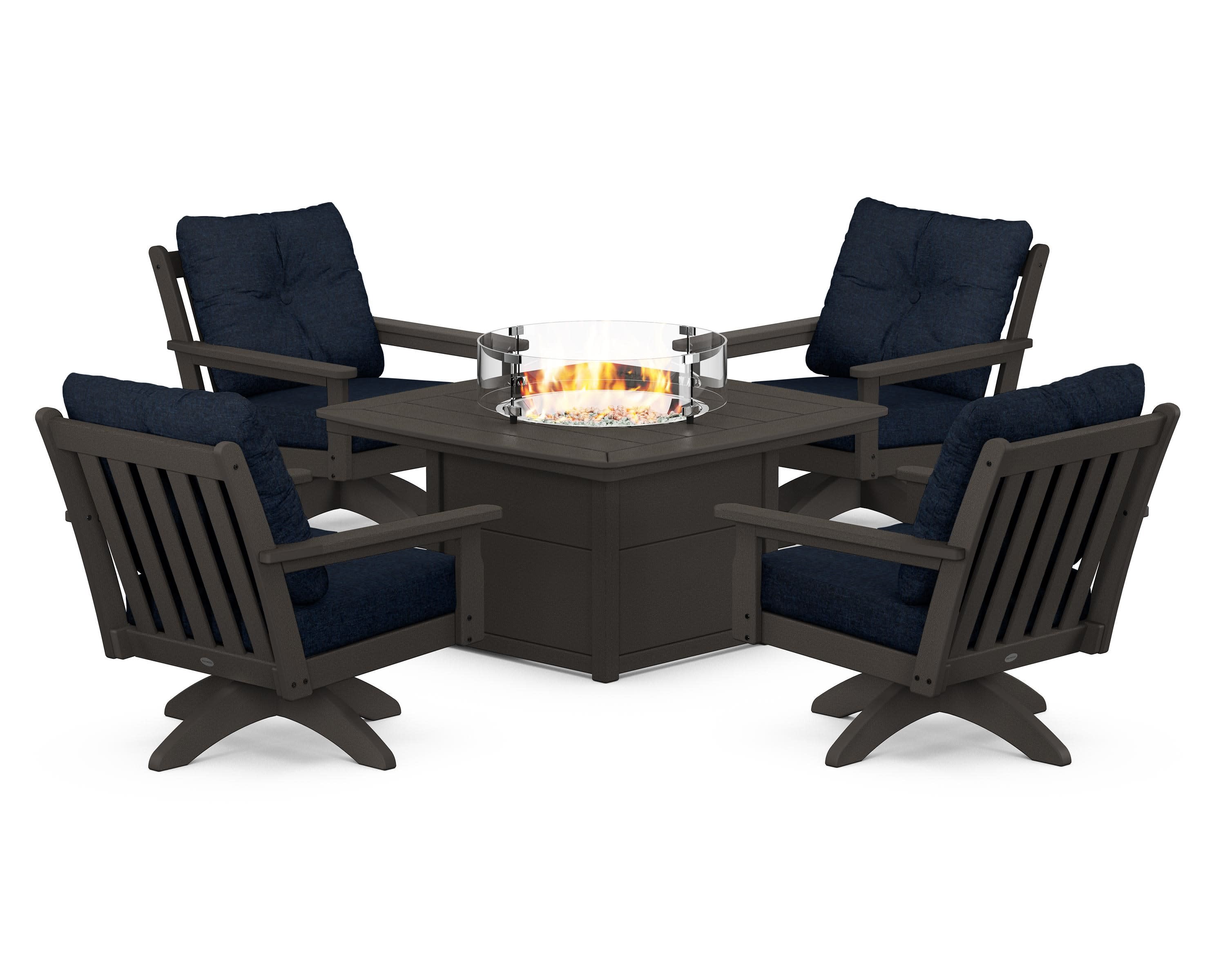 Vineyard 5-Piece Deep Seating Swivel Conversation Set with Fire Pit Table in Vintage Coffee / Marine Indigo