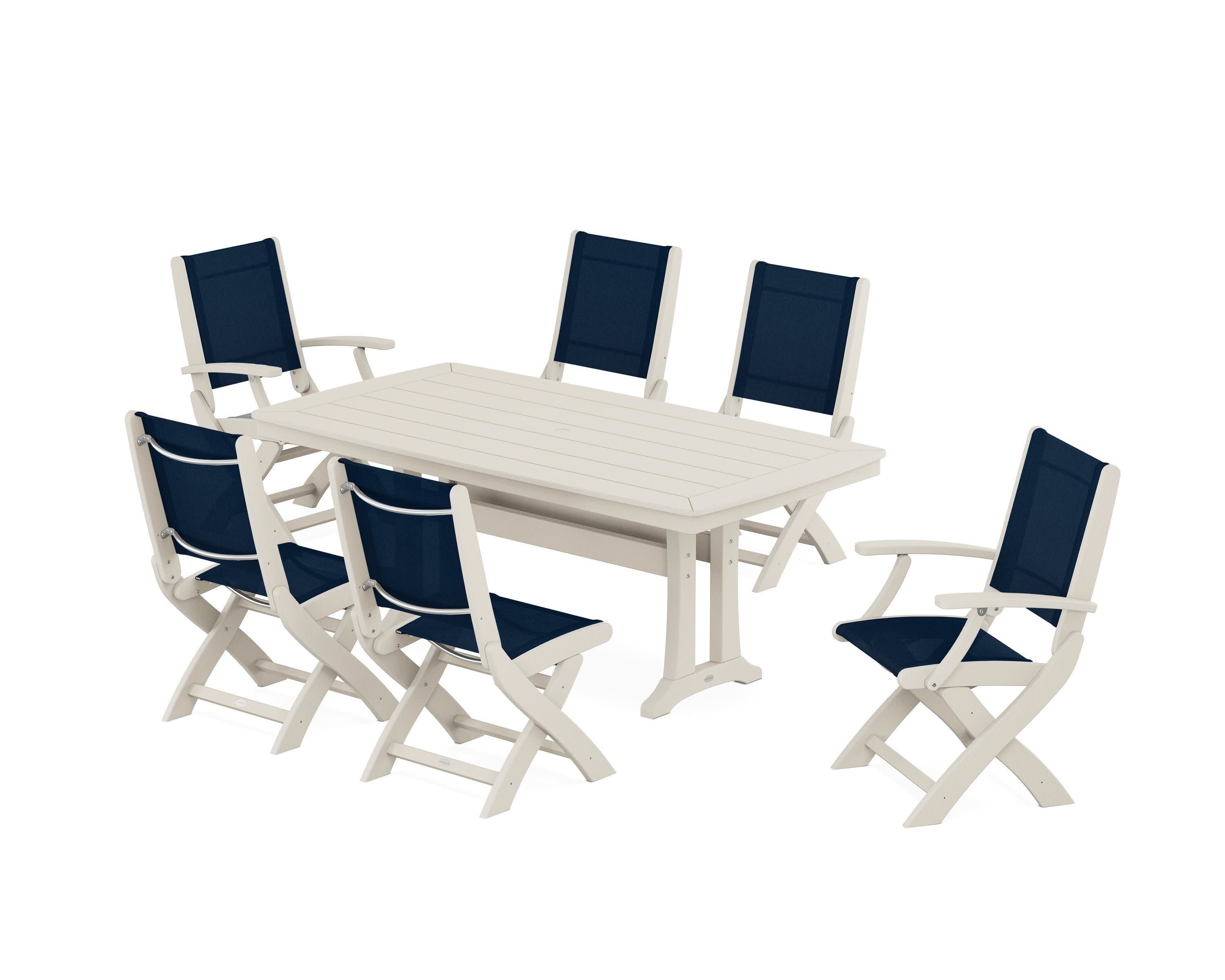 Coastal Folding Chair 7-Piece Dining Set with Trestle Legs in Sand / Navy Blue Sling