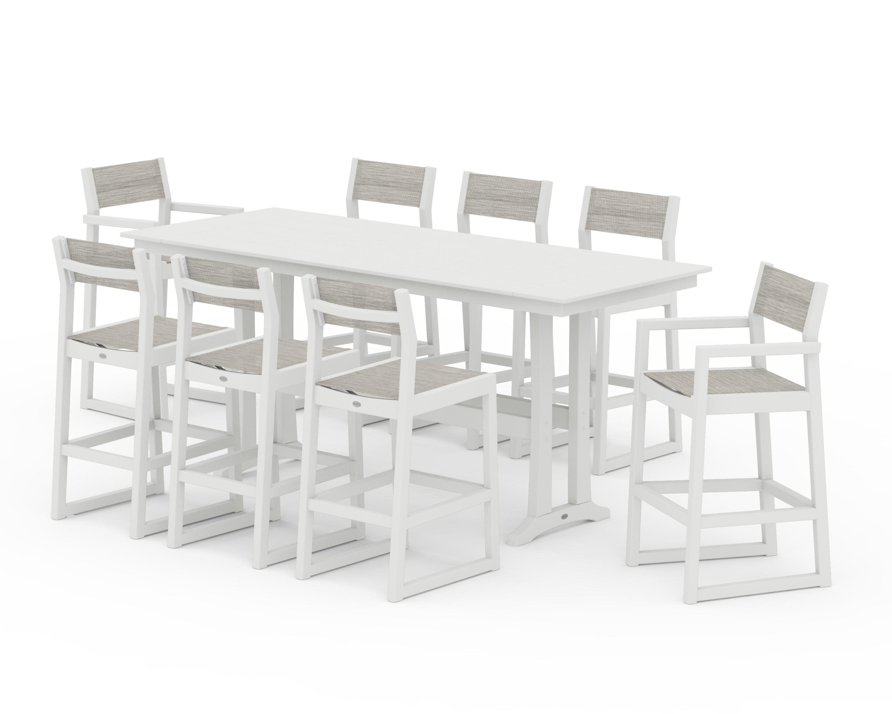 EDGE Sling 9-Piece Farmhouse Bar Set with Trestle Legs in Vintage White / Birch Sling