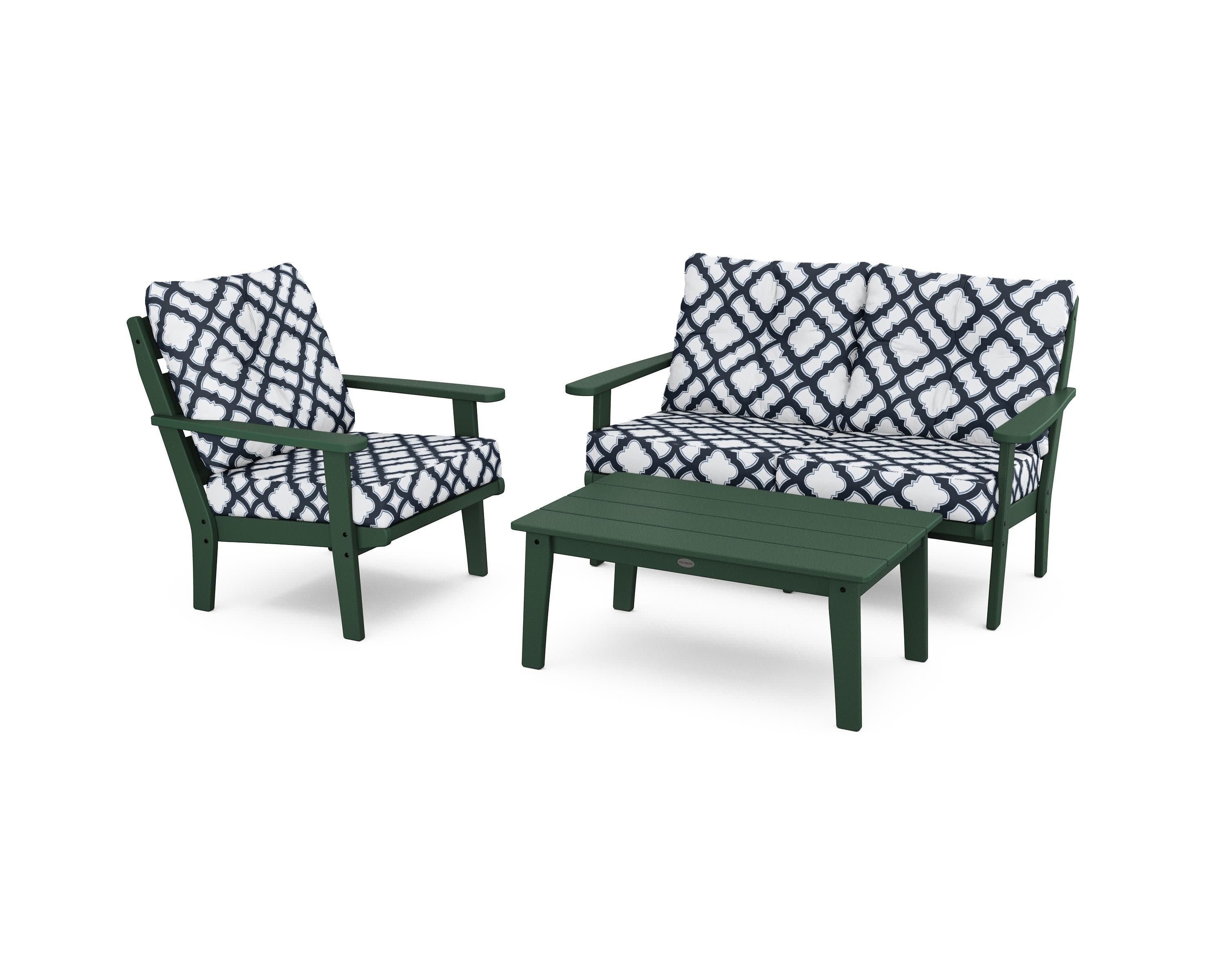 Lakeside 3-Piece Deep Seating Set in Green / Trellis Marine Indigo