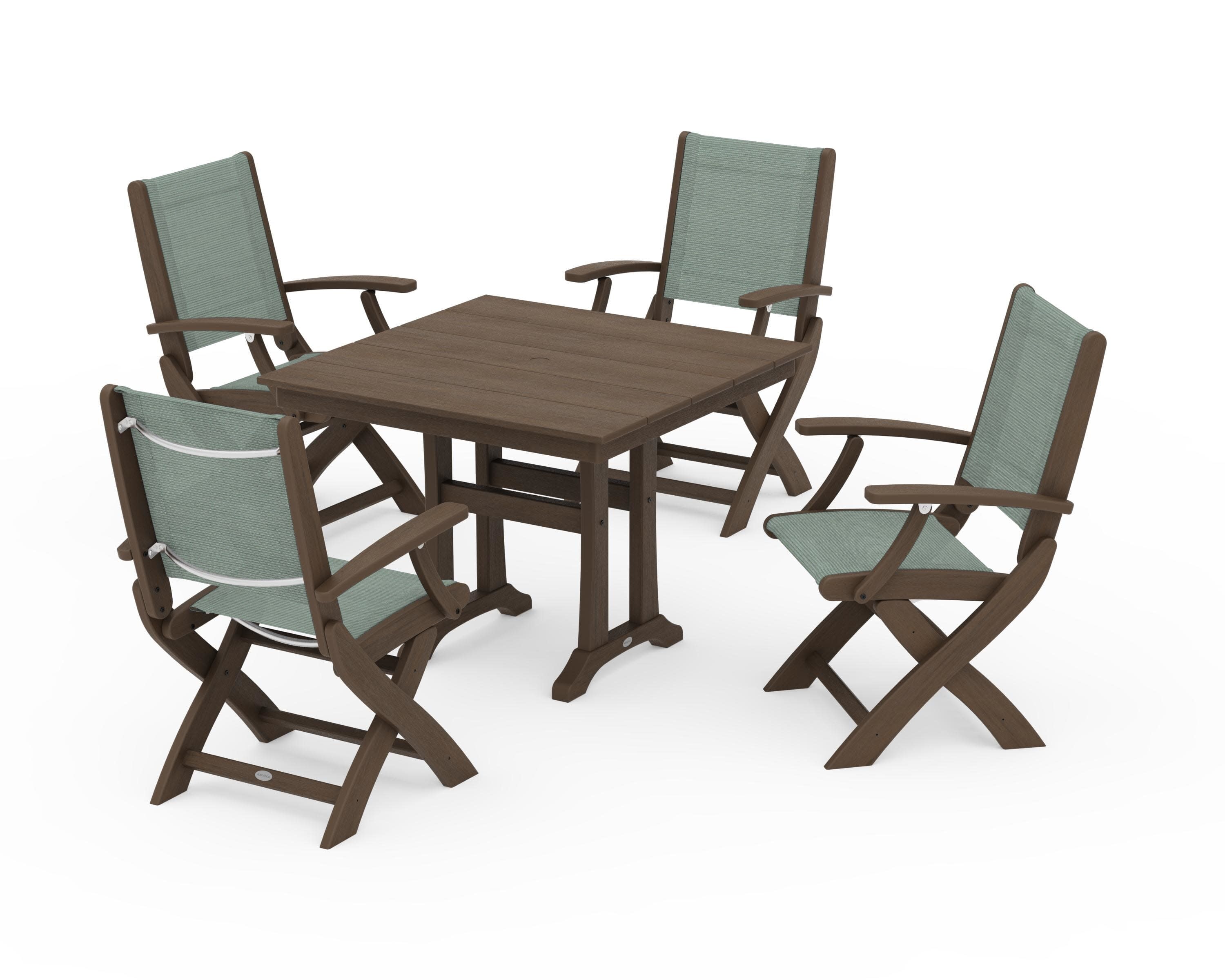 Coastal Folding Chair 5-Piece Farmhouse Dining Set With Trestle Legs in Kona / Dupioni Sea Mist Sling