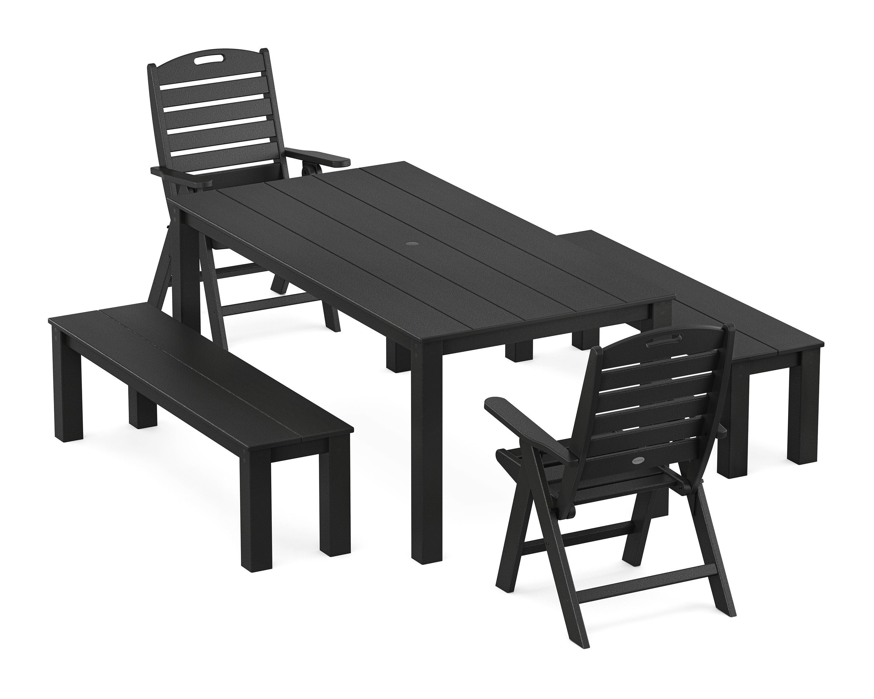 Nautical Folding Highback Chair 5-Piece Parsons Dining Set with Benches in Black