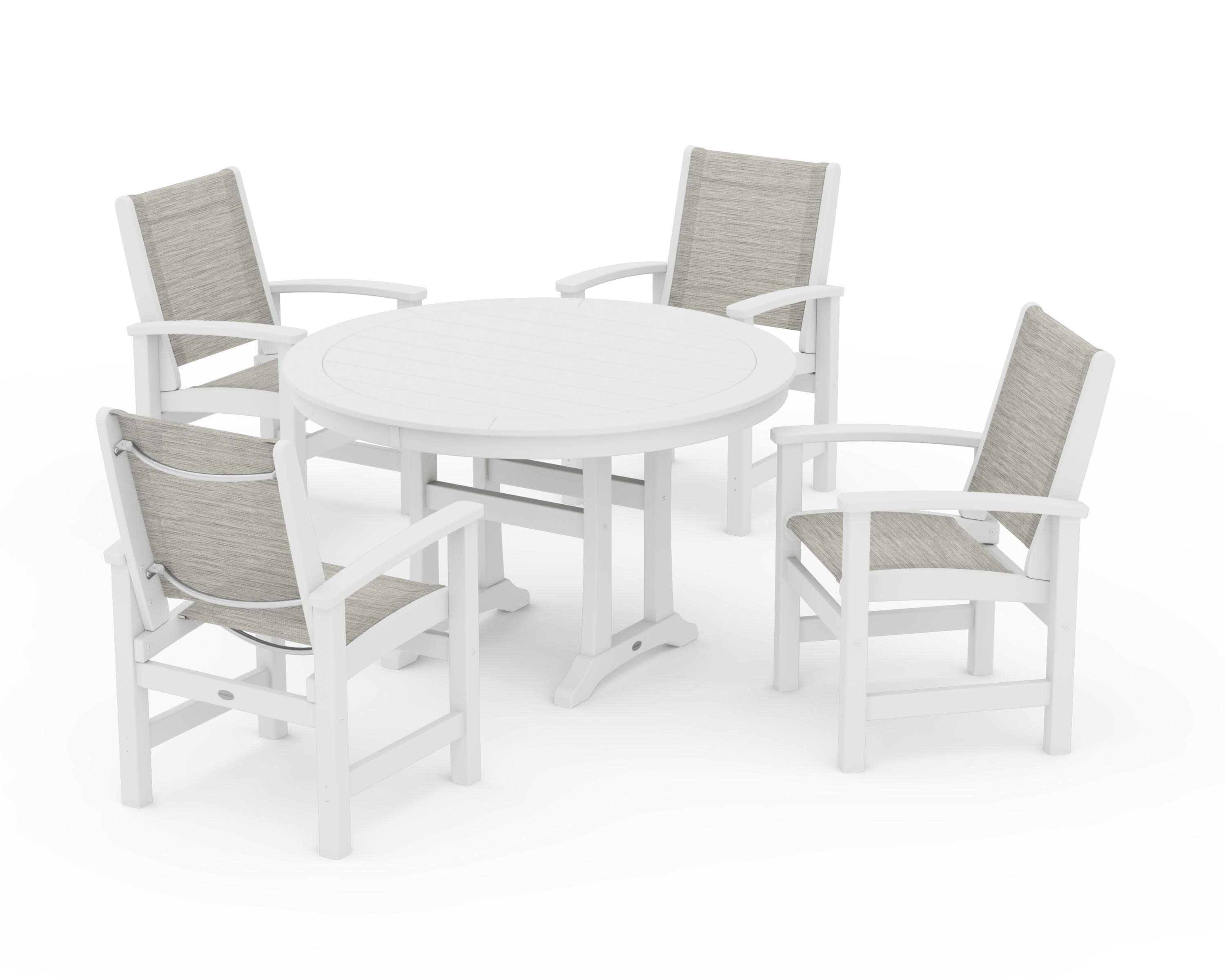 Coastal 5-Piece Round Dining Set with Trestle Legs in White / Birch Sling
