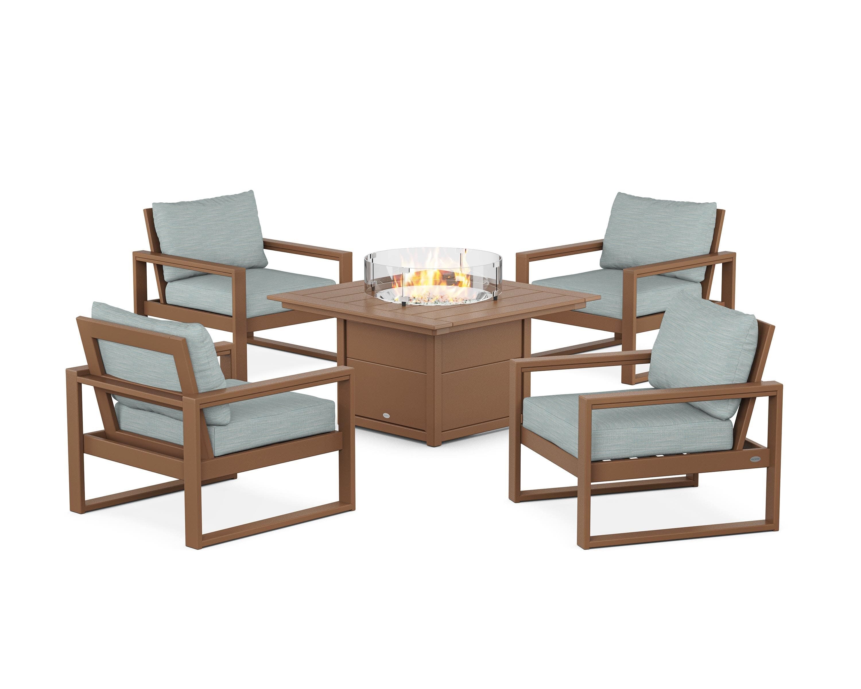 EDGE Sectional 5-Piece Deep Seating Set with Fire Pit Table in Teak / Soothe Mist