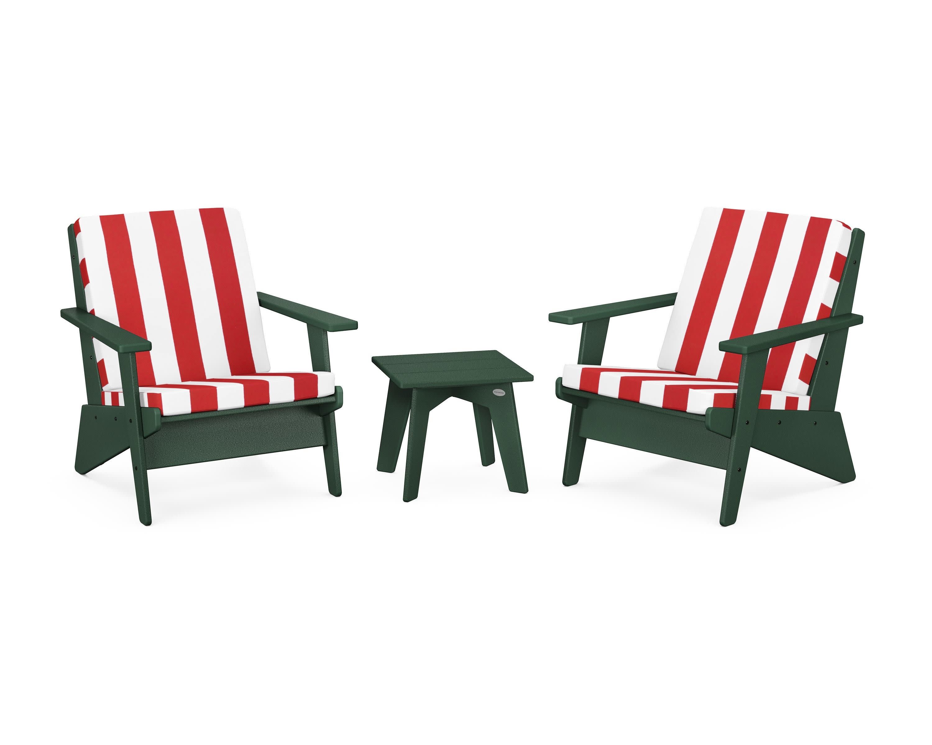Riviera Modern Lounge 3-Piece Set in Green / Cabana Stripe Crimson