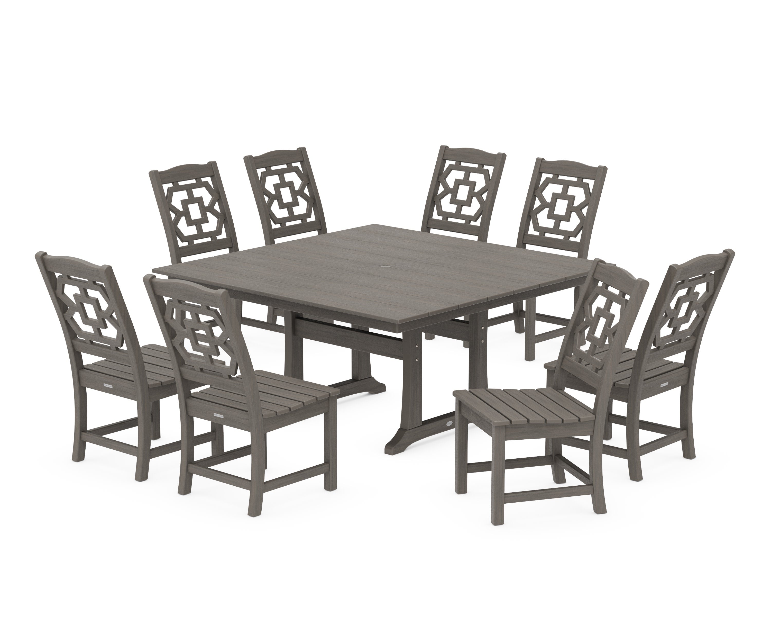 Chinoiserie 9-Piece Square Farmhouse Side Chair Dining Set with Trestle Legs in Driftwood