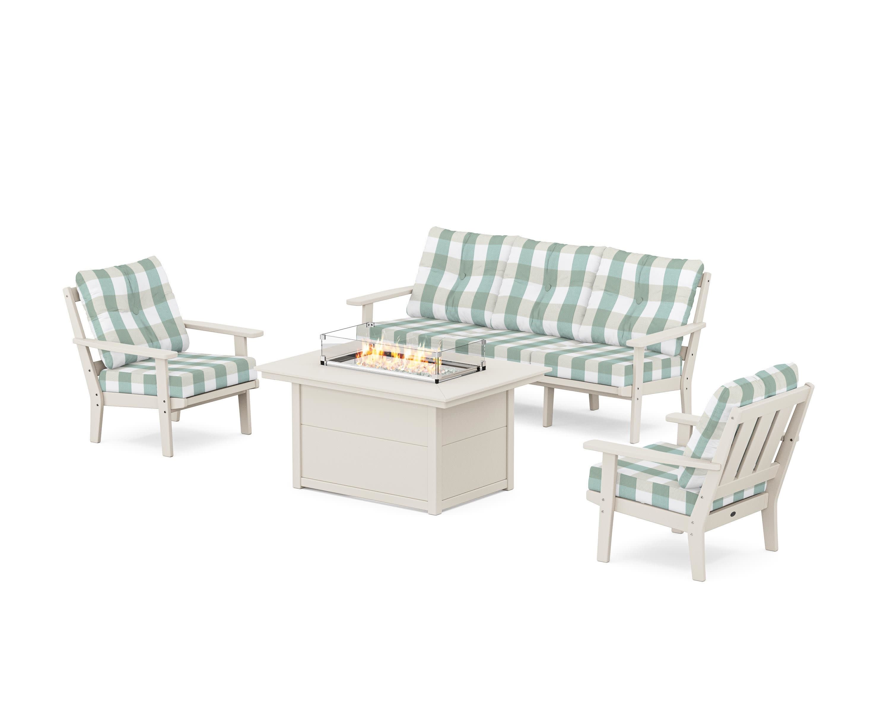 Oxford Deep Seating Fire Pit Table Set in Sand / Buffalo Plaid Glacier Spa