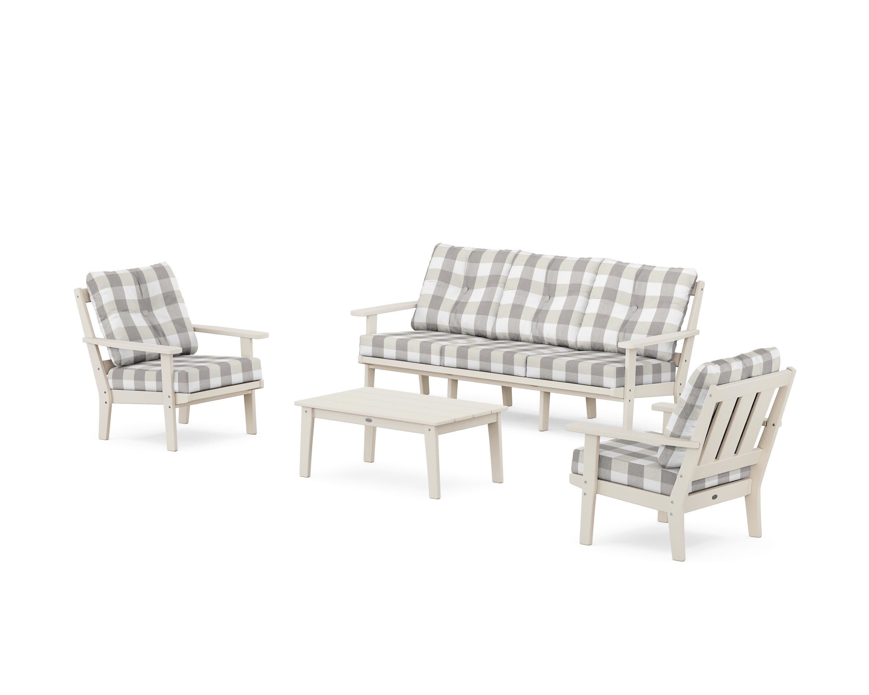 Oxford 4-Piece Deep Seating Set with Sofa in Sand / Buffalo Plaid Grey Mist