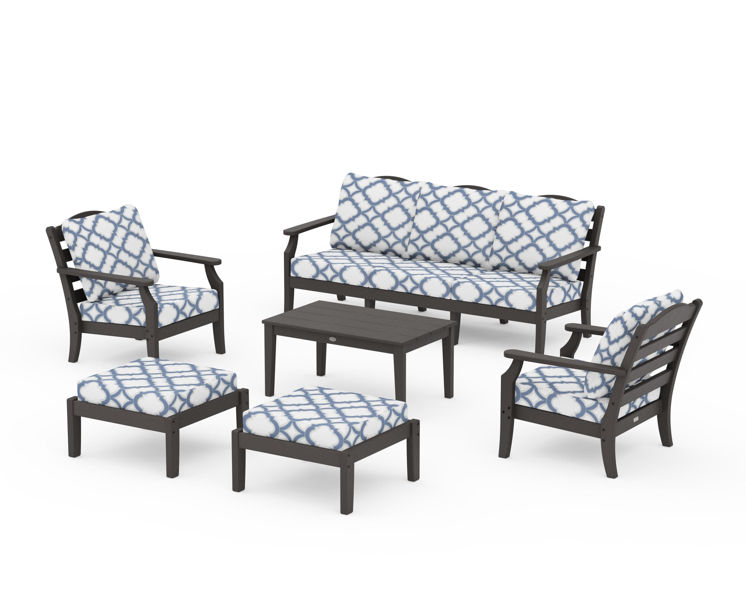 Savannah 6-Piece Lounge Sofa Set in Vintage Coffee / Trellis Sky Blue