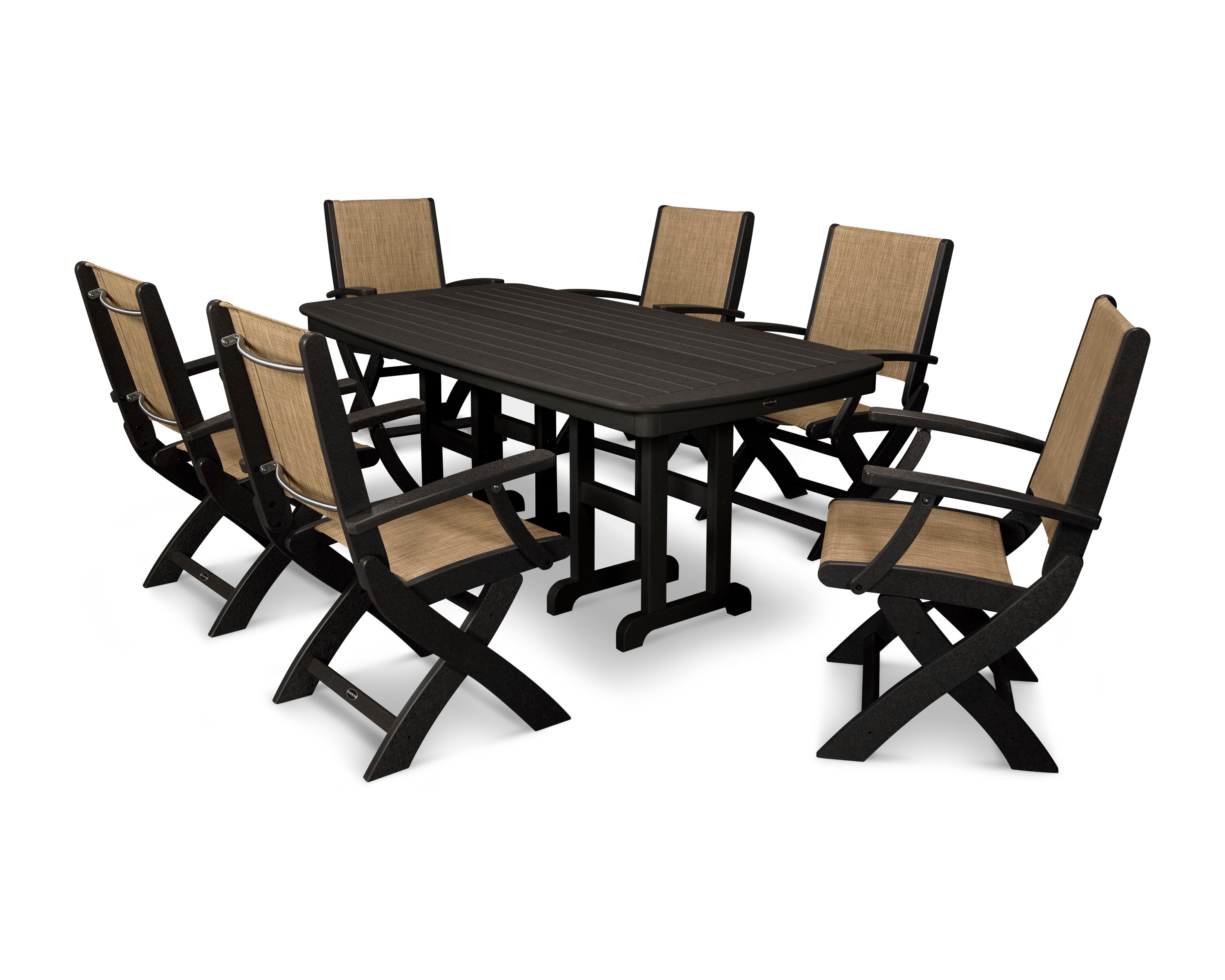 Coastal Folding Arm Chair 7-Piece Dining Set in Black / Burlap Sling