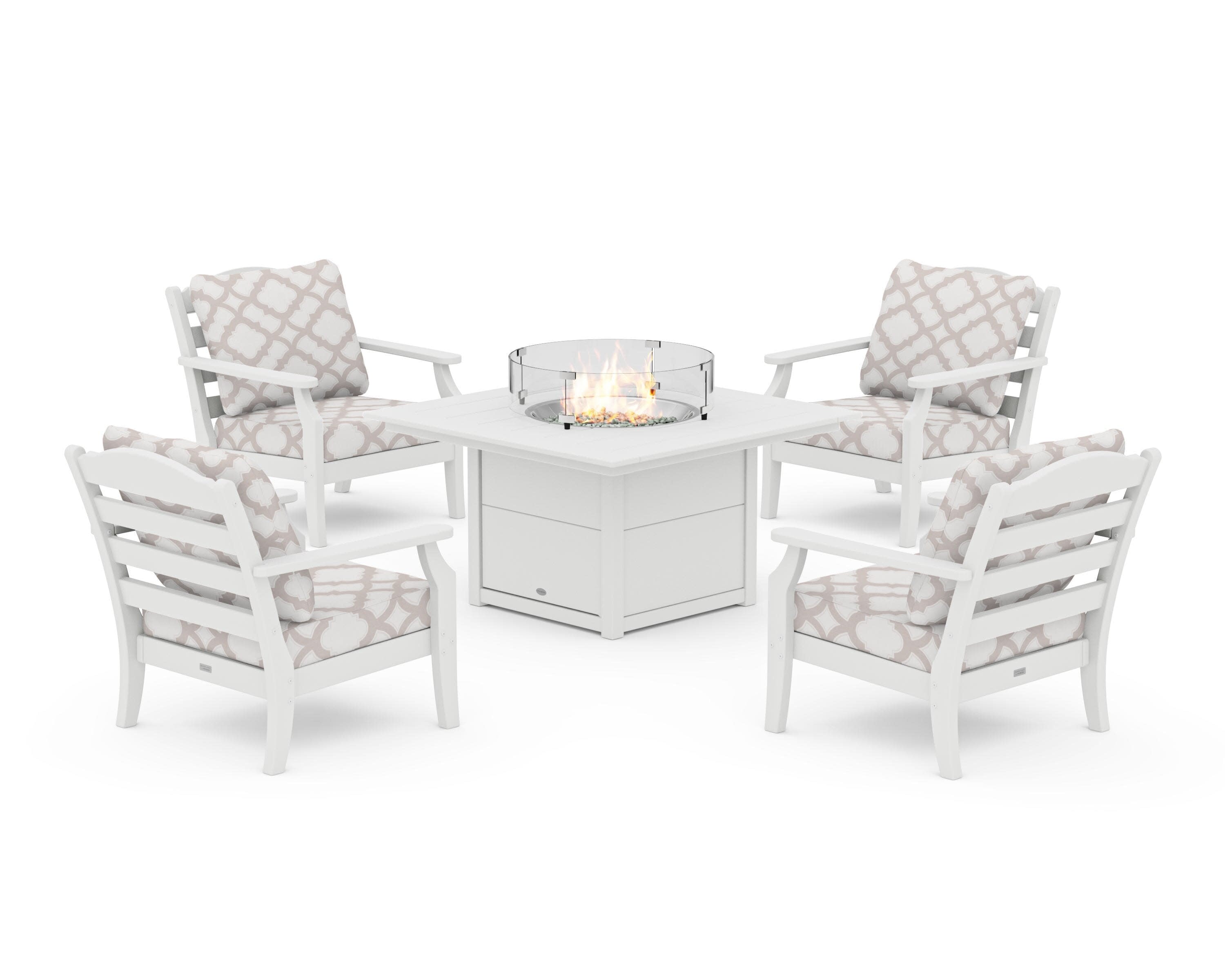 Savannah 5-Piece Deep Seating Set with Fire Pit Table in White / Trellis Dune Burlap