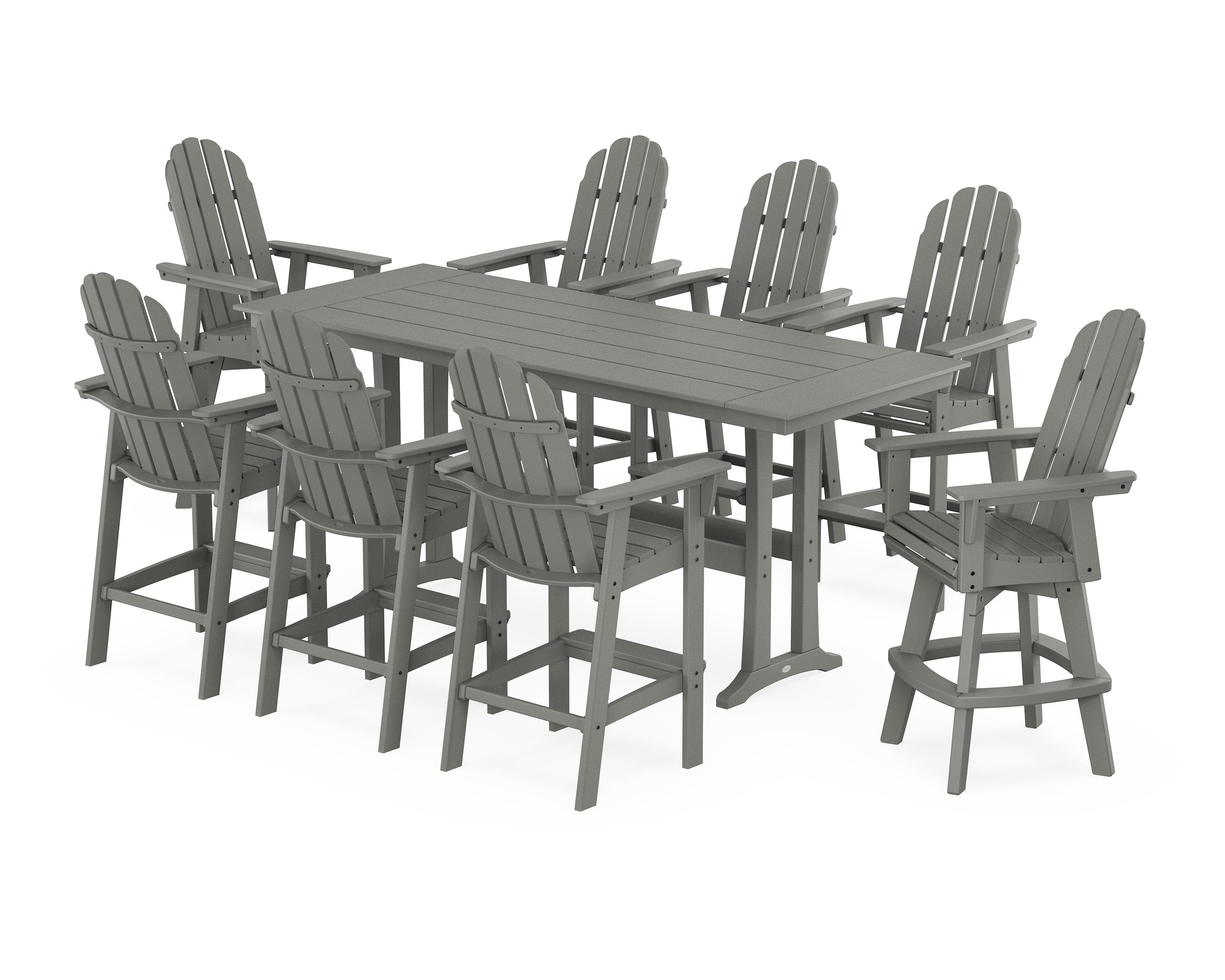 Vineyard Curveback Adirondack Swivel 9-Piece Farmhouse Bar Set with Trestle Legs in Slate Grey