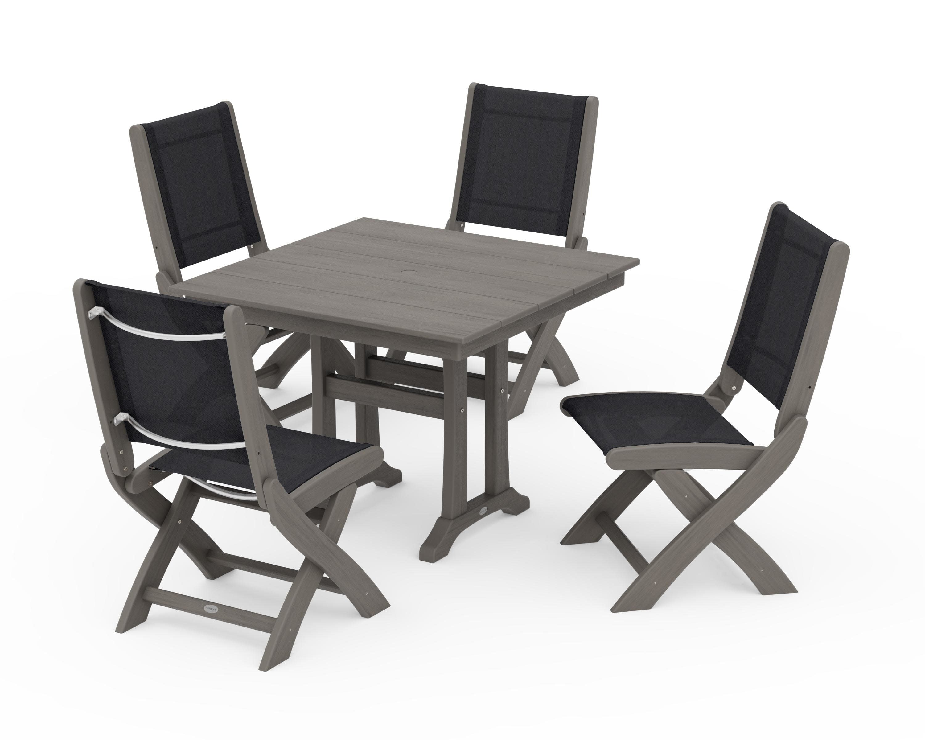 Coastal Folding Side Chair 5-Piece Farmhouse Dining Set With Trestle Legs in Driftwood / Black Sling