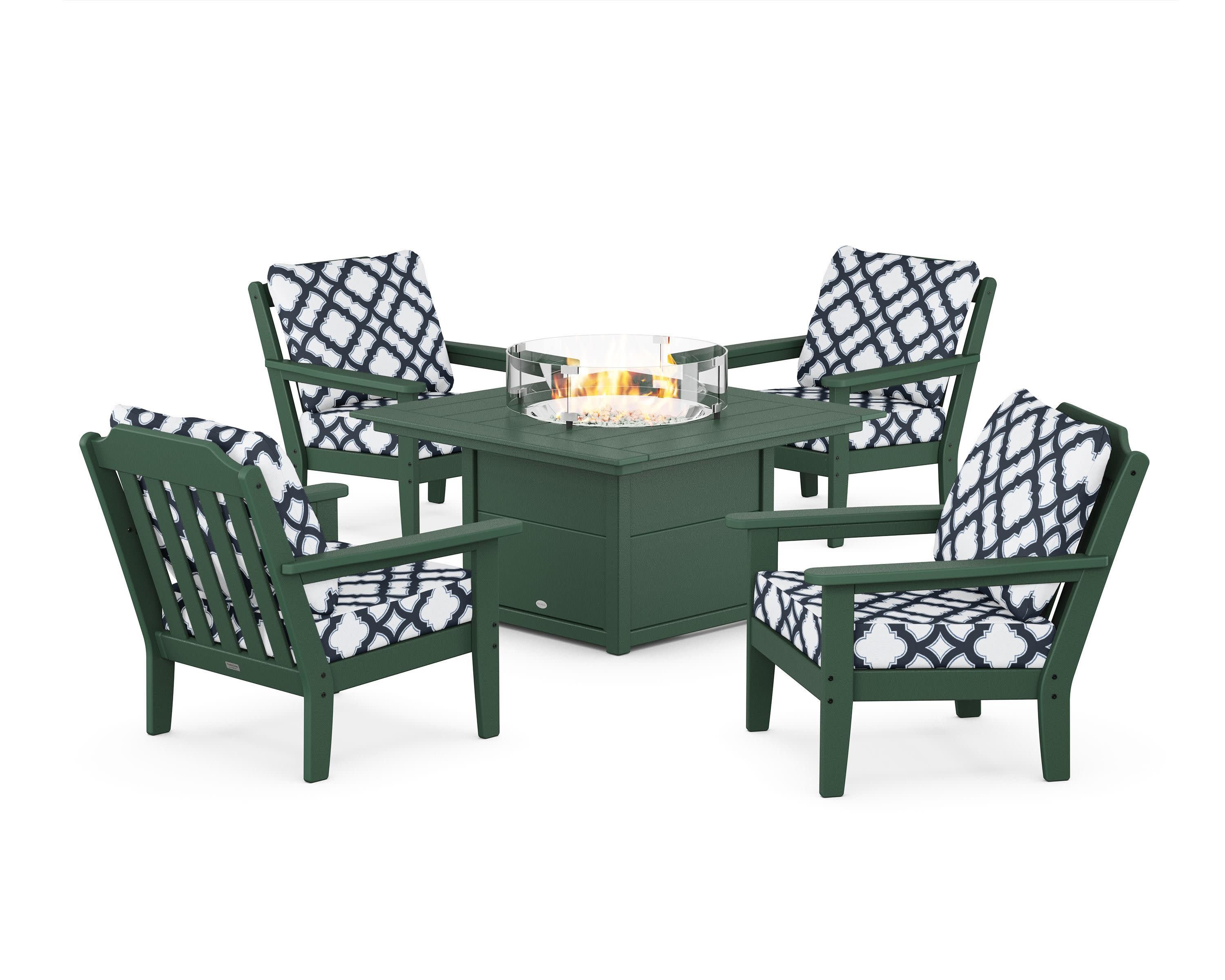 Cottage 5-Piece Deep Seating Set with Fire Pit Table in Green / Trellis Marine Indigo