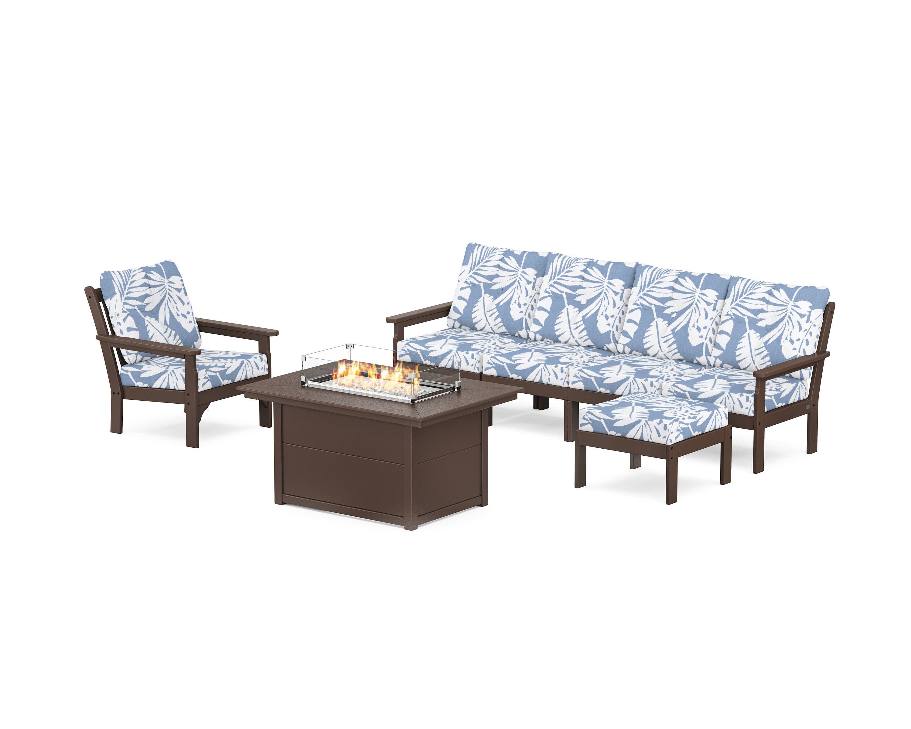 Vineyard Sectional Lounge and Fire Pit Set in Mahogany / Leaf Sky Blue