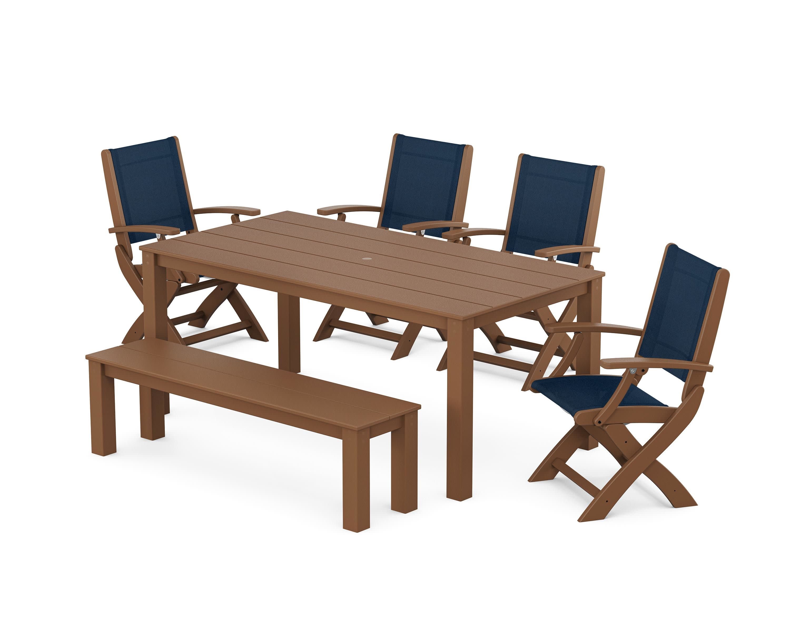 Coastal Folding Chair 6-Piece Parsons Dining Set with Bench in Teak / Navy Blue Sling