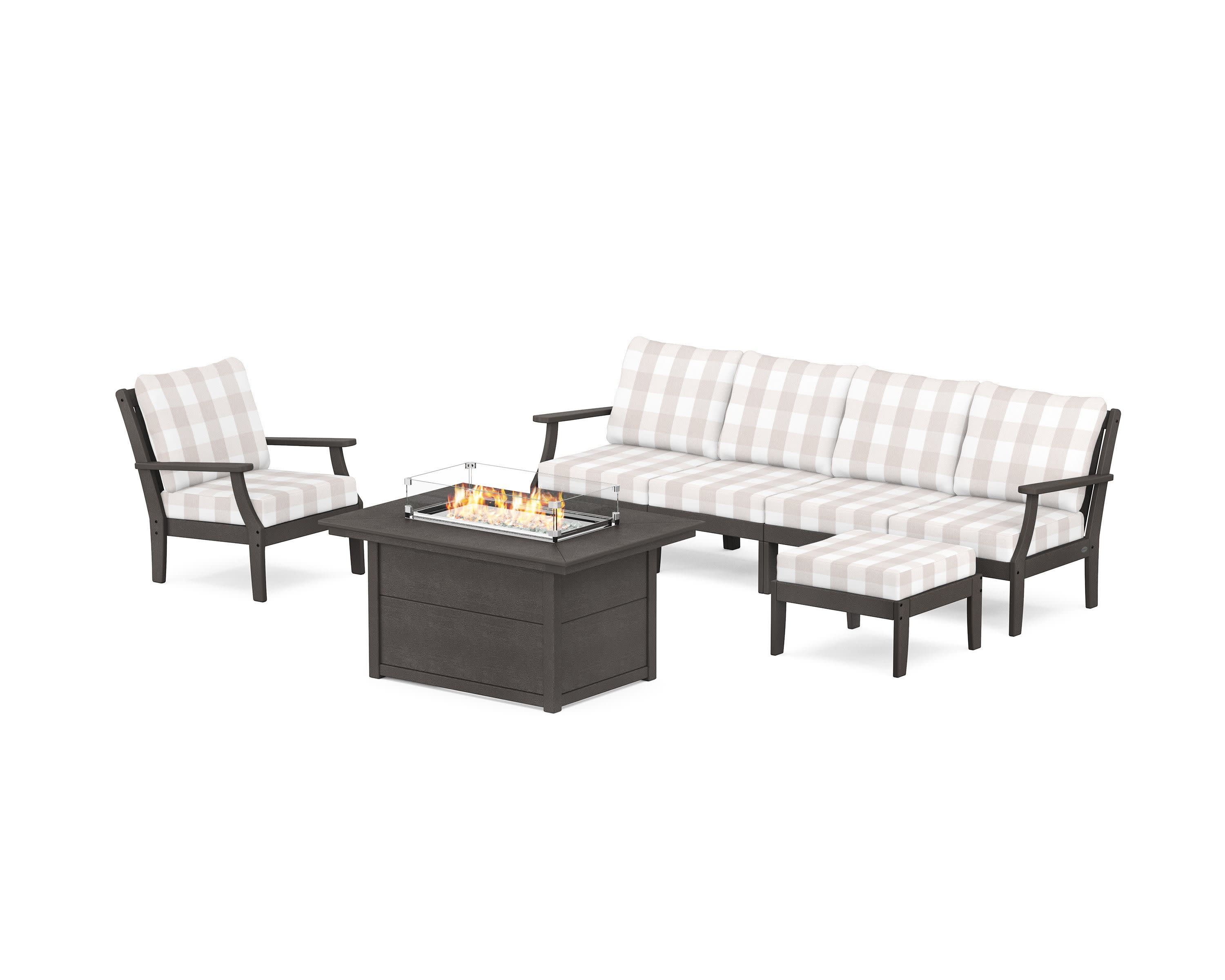 Braxton Sectional Lounge and Fire Pit Set in Vintage Coffee / Buffalo Plaid Dune Burlap