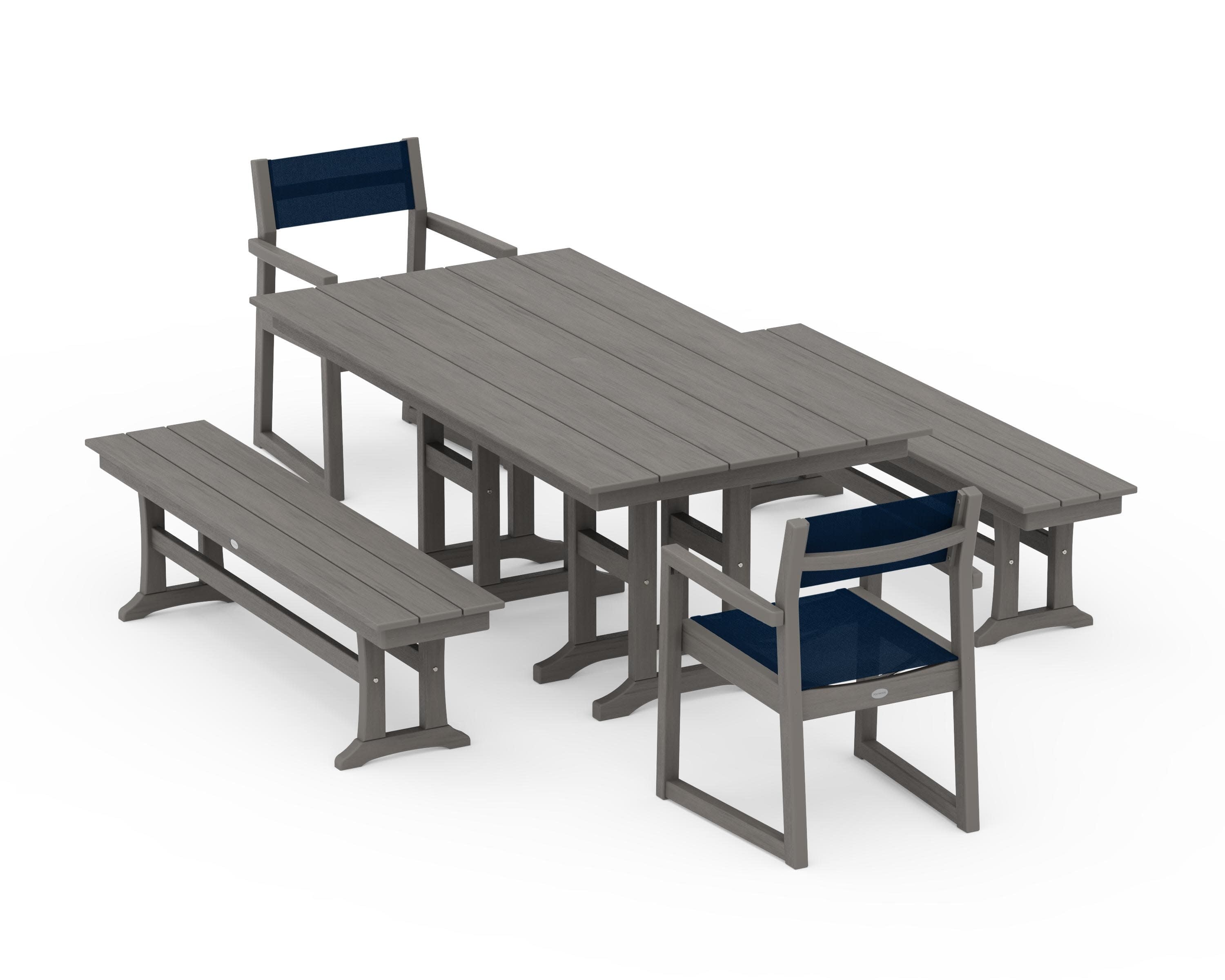 EDGE Sling Arm Chair 5-Piece Farmhouse Dining Set with Benches in Driftwood / Navy Blue Sling