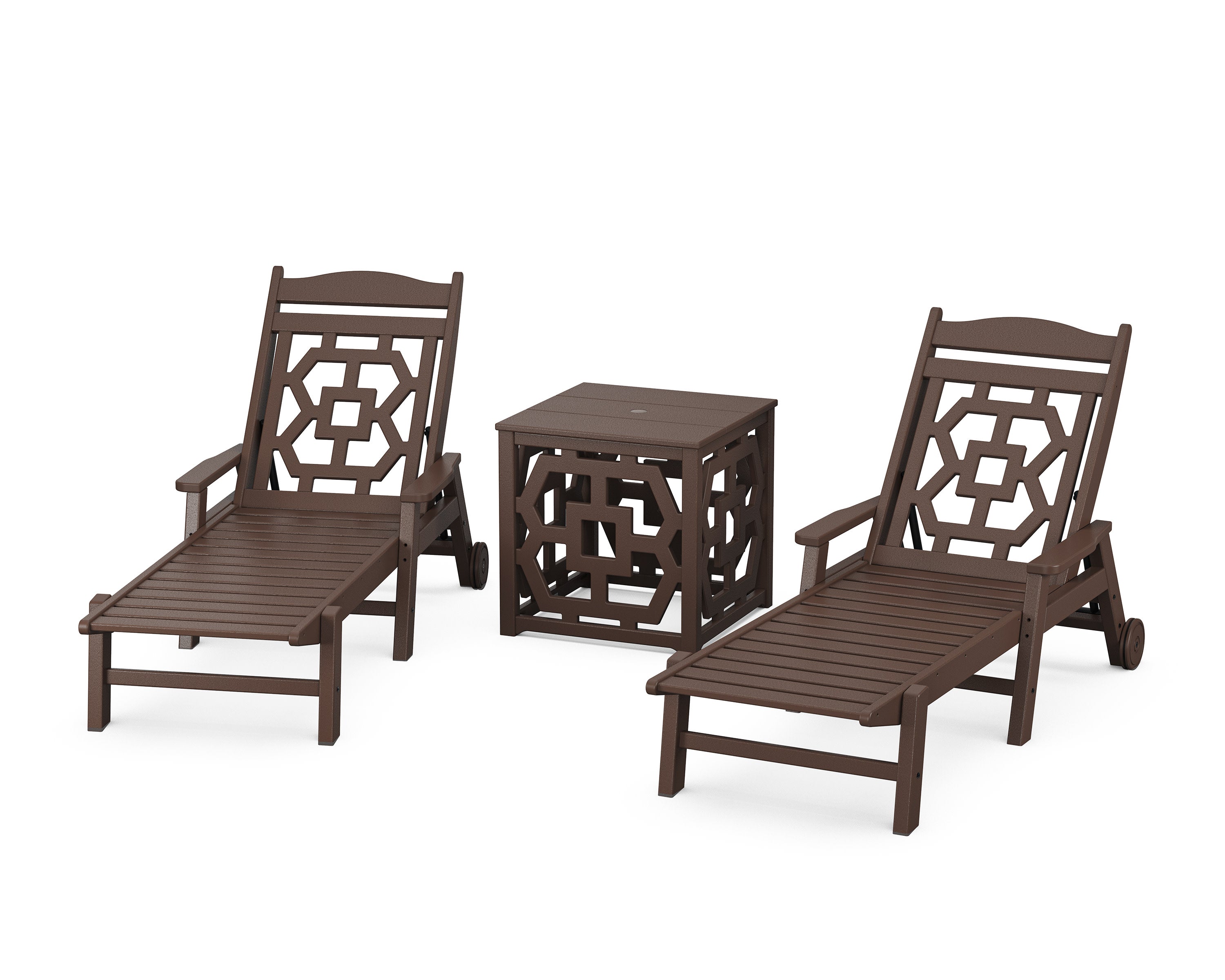 Chinoiserie 3-Piece Chaise Set with Umbrella Stand Accent Table in Mahogany