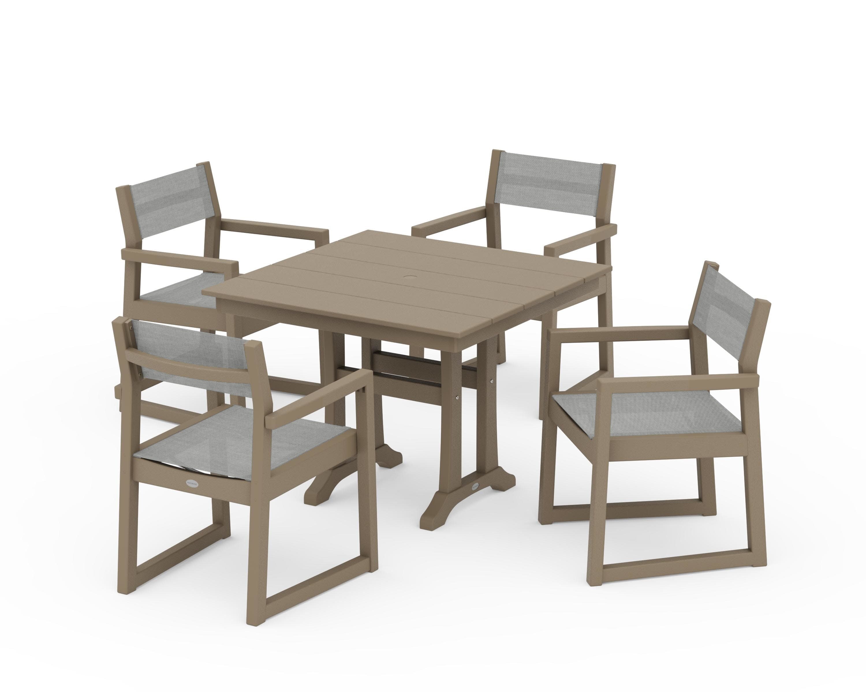 EDGE Sling 5-Piece Farmhouse Dining Set with Trestle Legs in Vintage Sahara / Metallic Sling