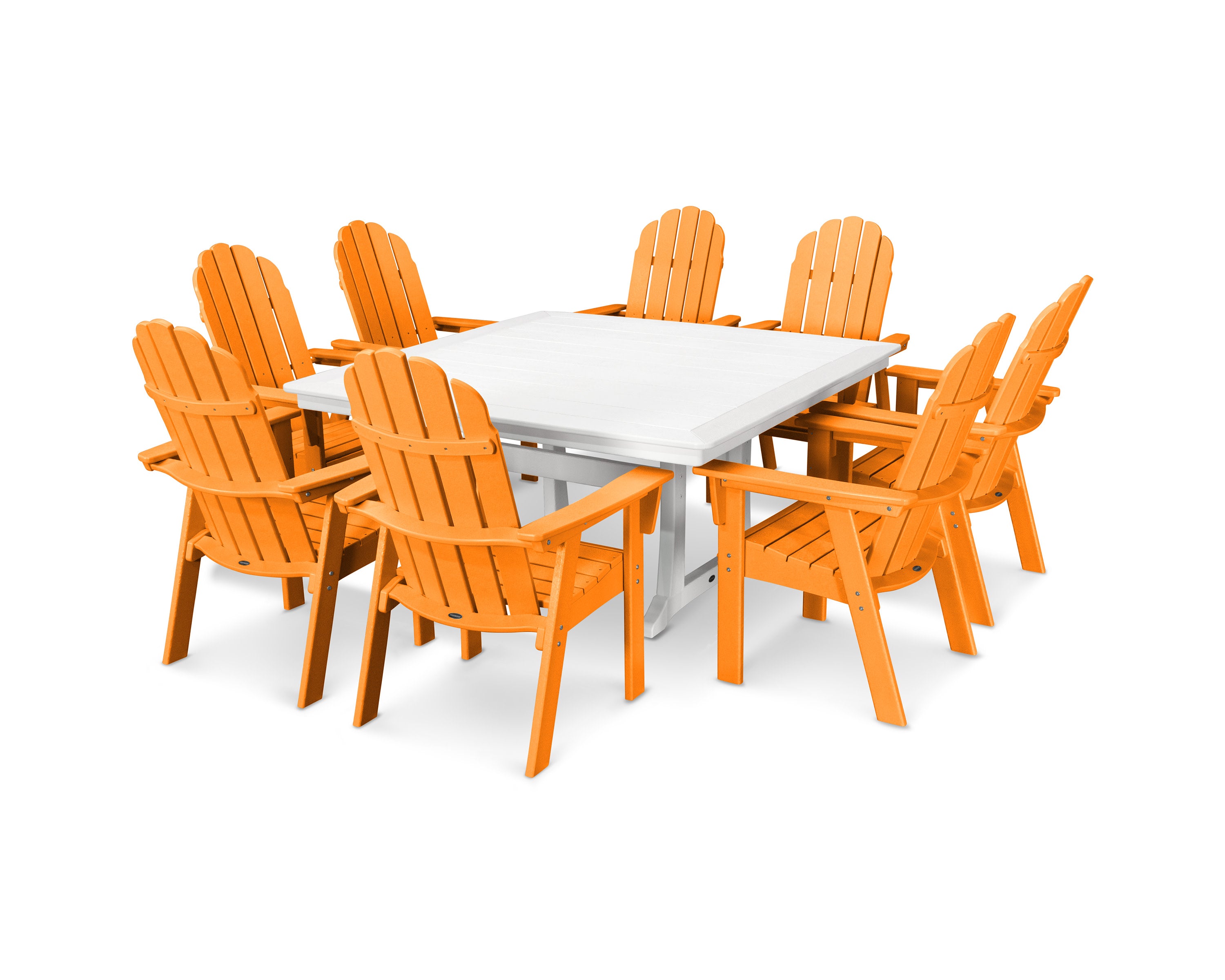 Vineyard Curveback Adirondack 9-Piece Nautical Trestle Dining Set in Tangerine / White