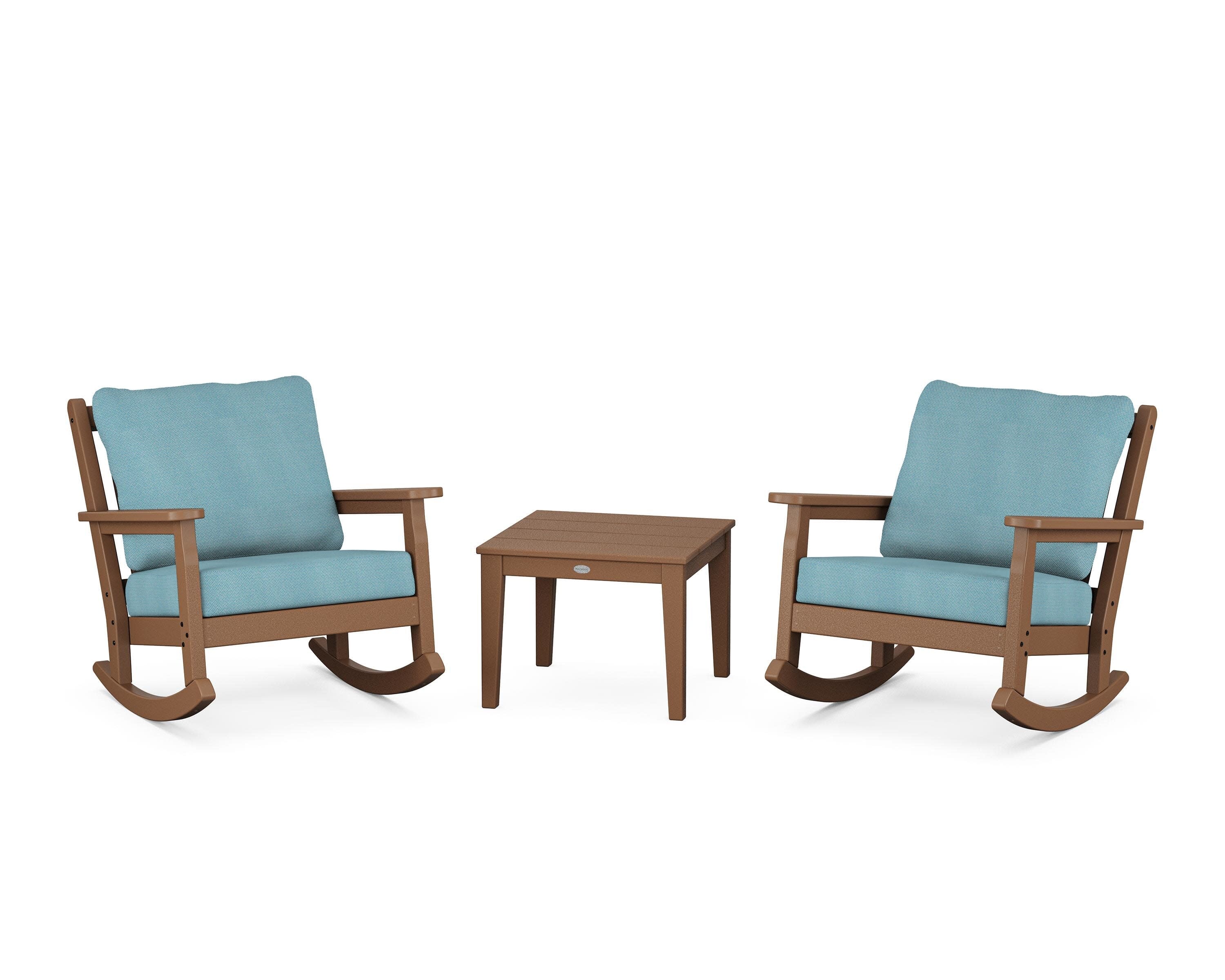 Chippendale 3-Piece Deep Seating Rocker Set in Teak / Lattice Sky Blue
