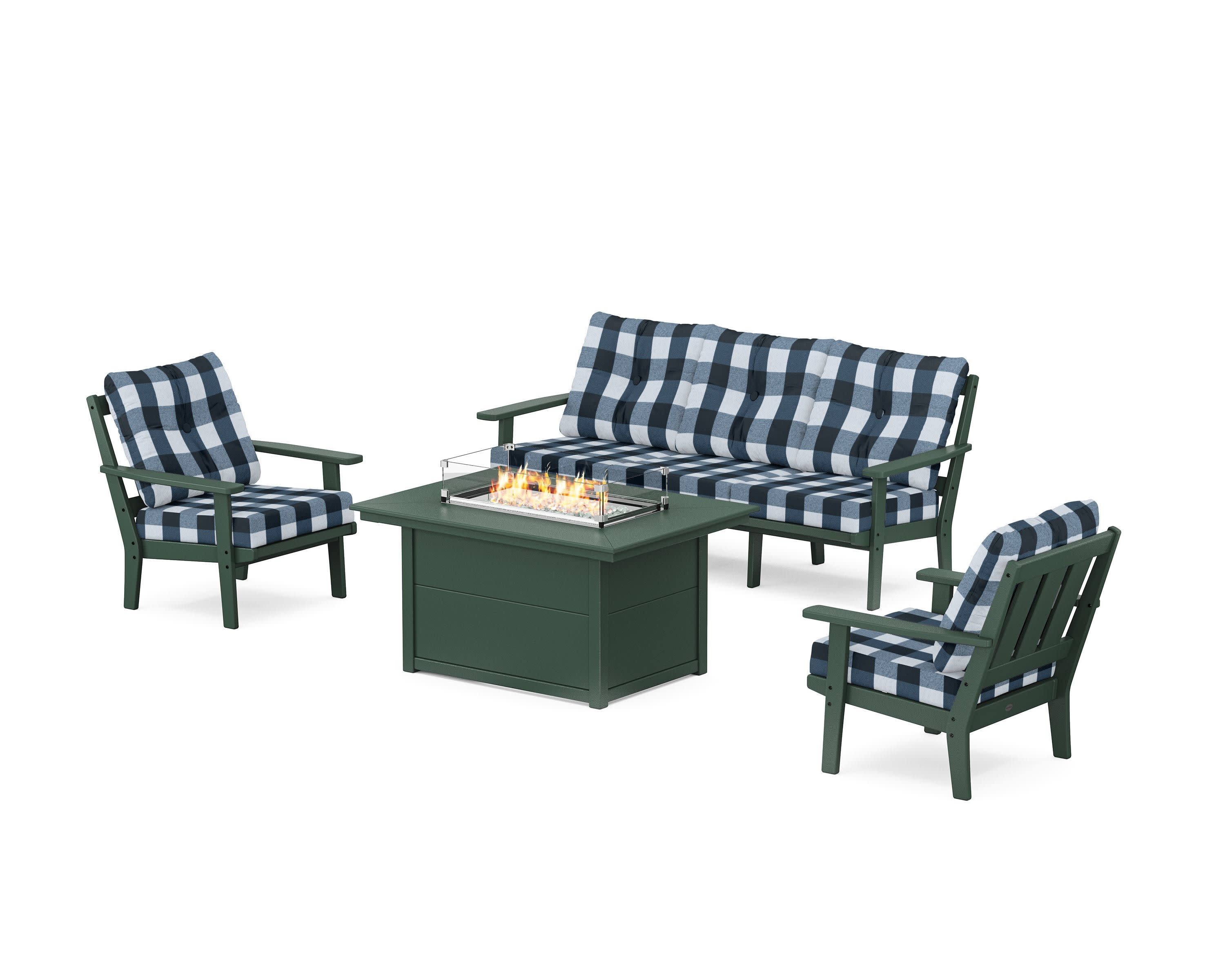 Oxford Deep Seating Fire Pit Table Set in Green / Buffalo Plaid Marine Indigo