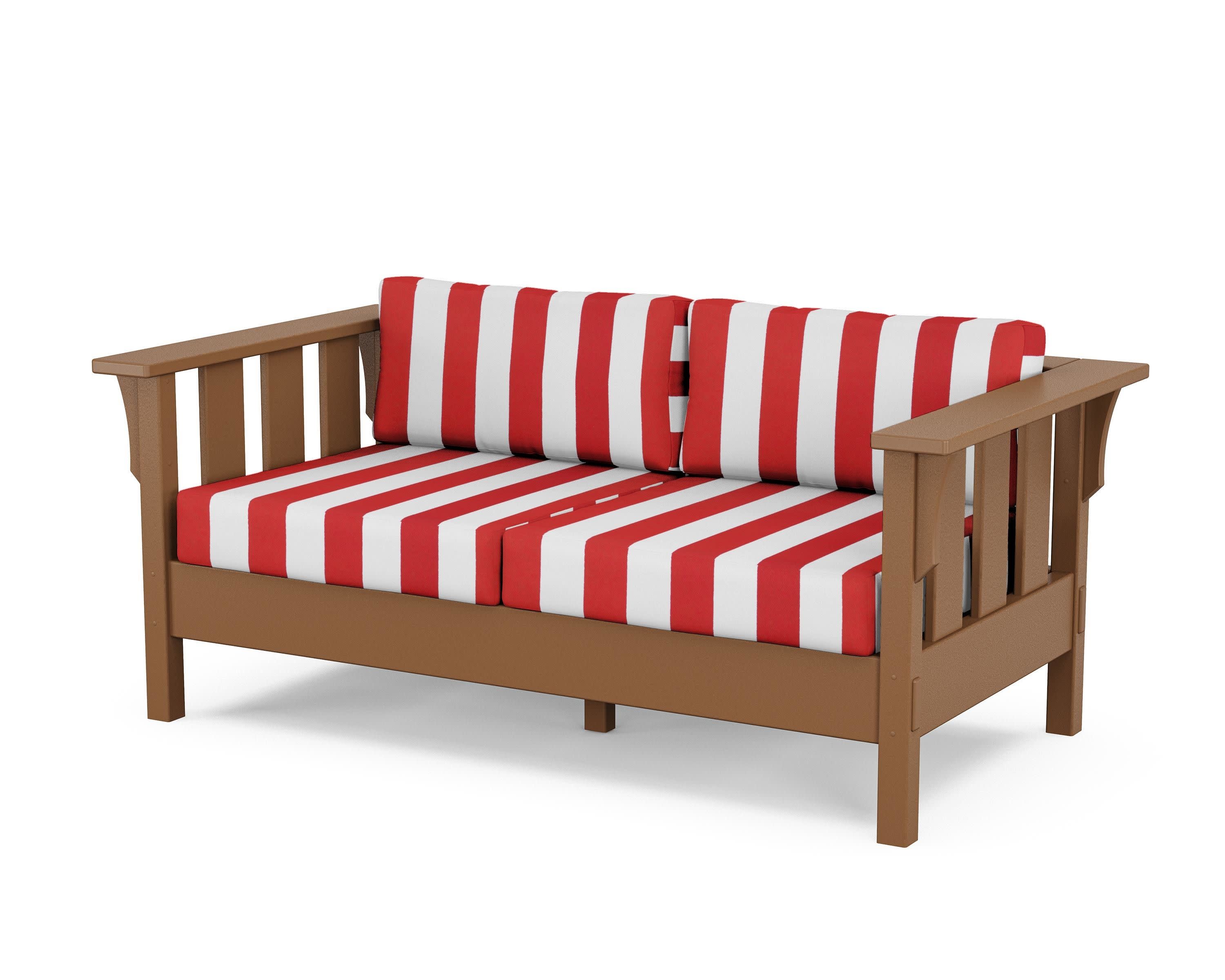 Acadia Deep Seating Loveseat in Teak / Cabana Stripe Crimson