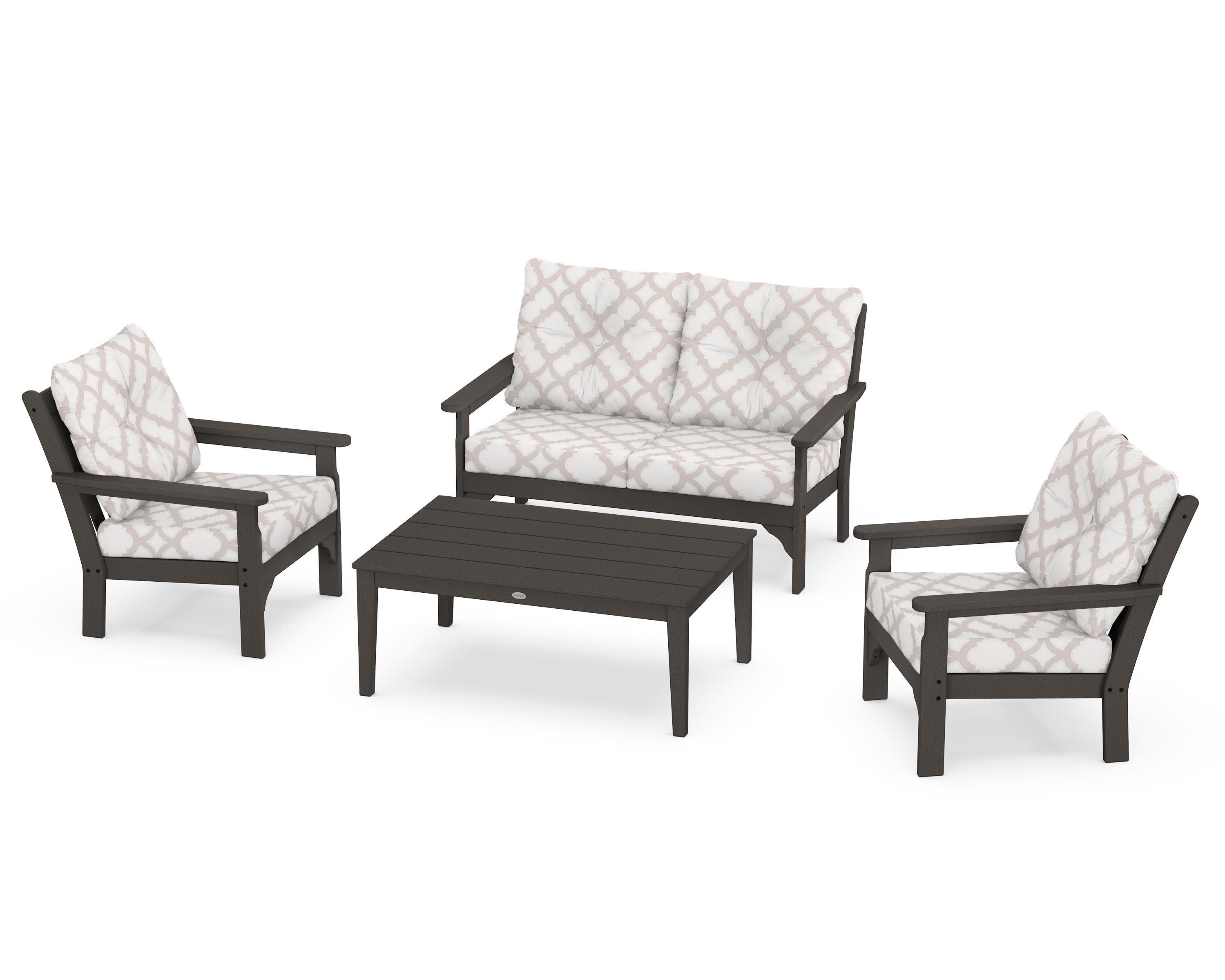 Vineyard 4-Piece Deep Seating Set in Vintage Coffee / Trellis Dune Burlap