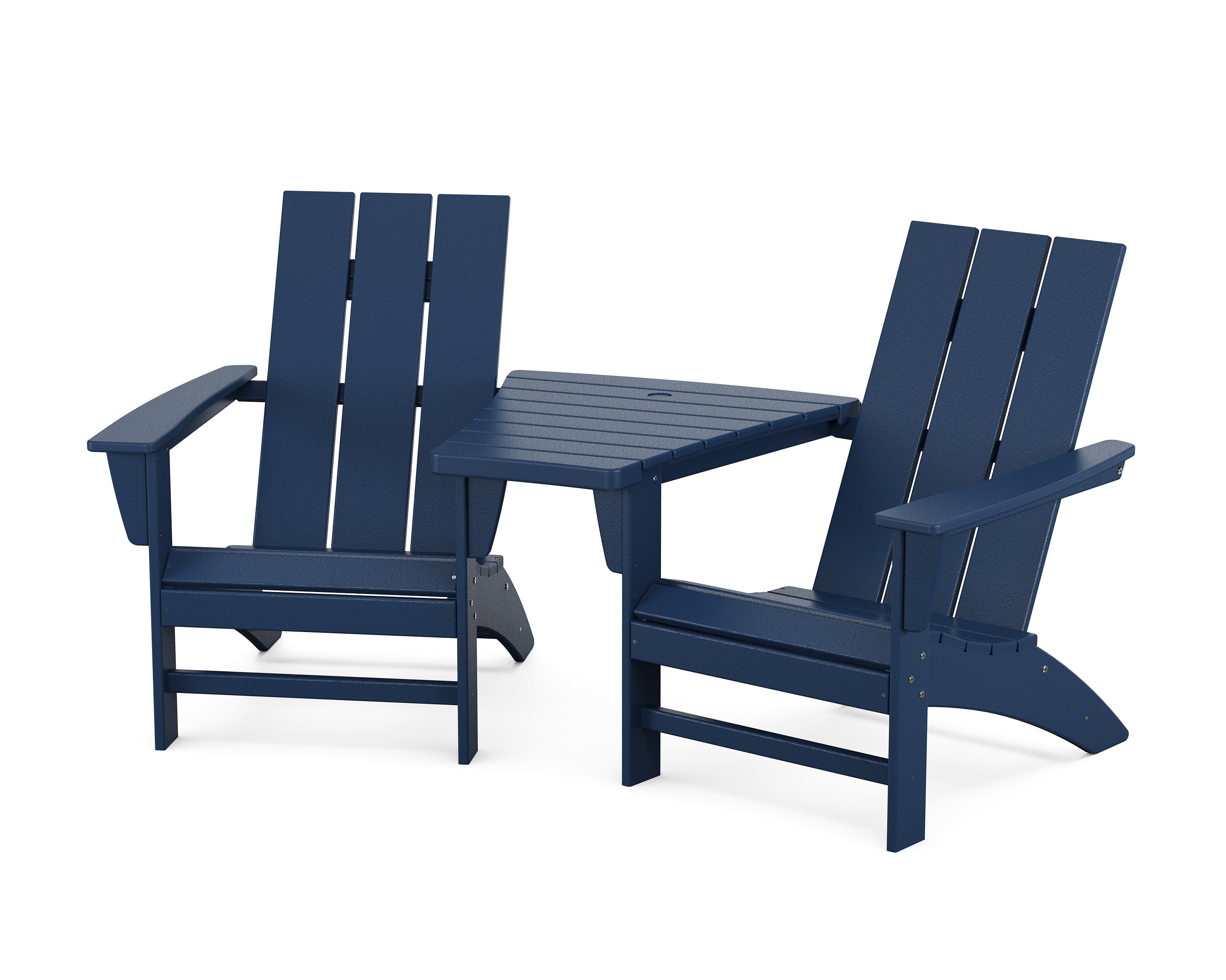 Modern 3-Piece Adirondack Set with Angled Connecting Table in Navy