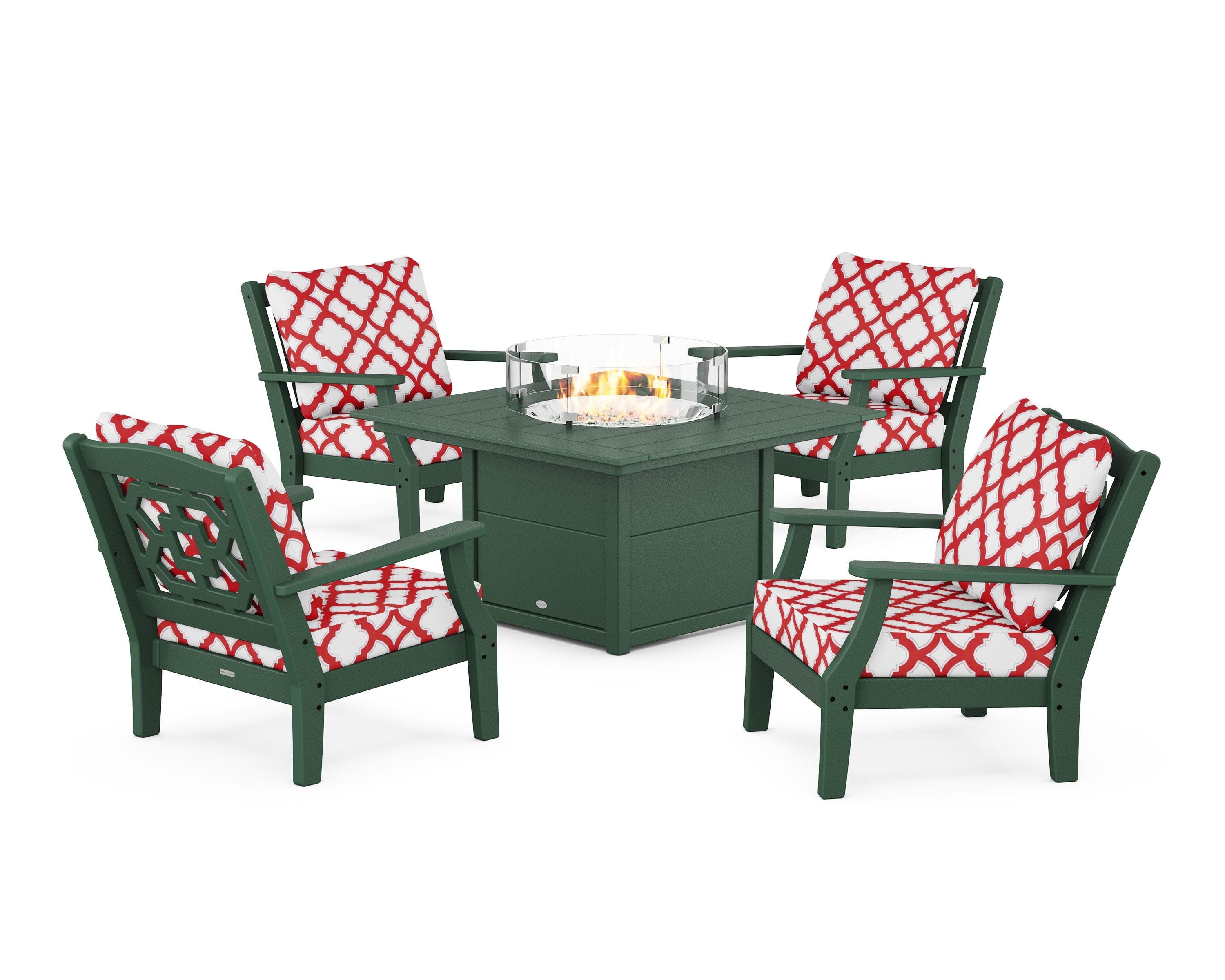 Chinoiserie 5-Piece Deep Seating Set with Fire Pit Table in Green / Trellis Crimson