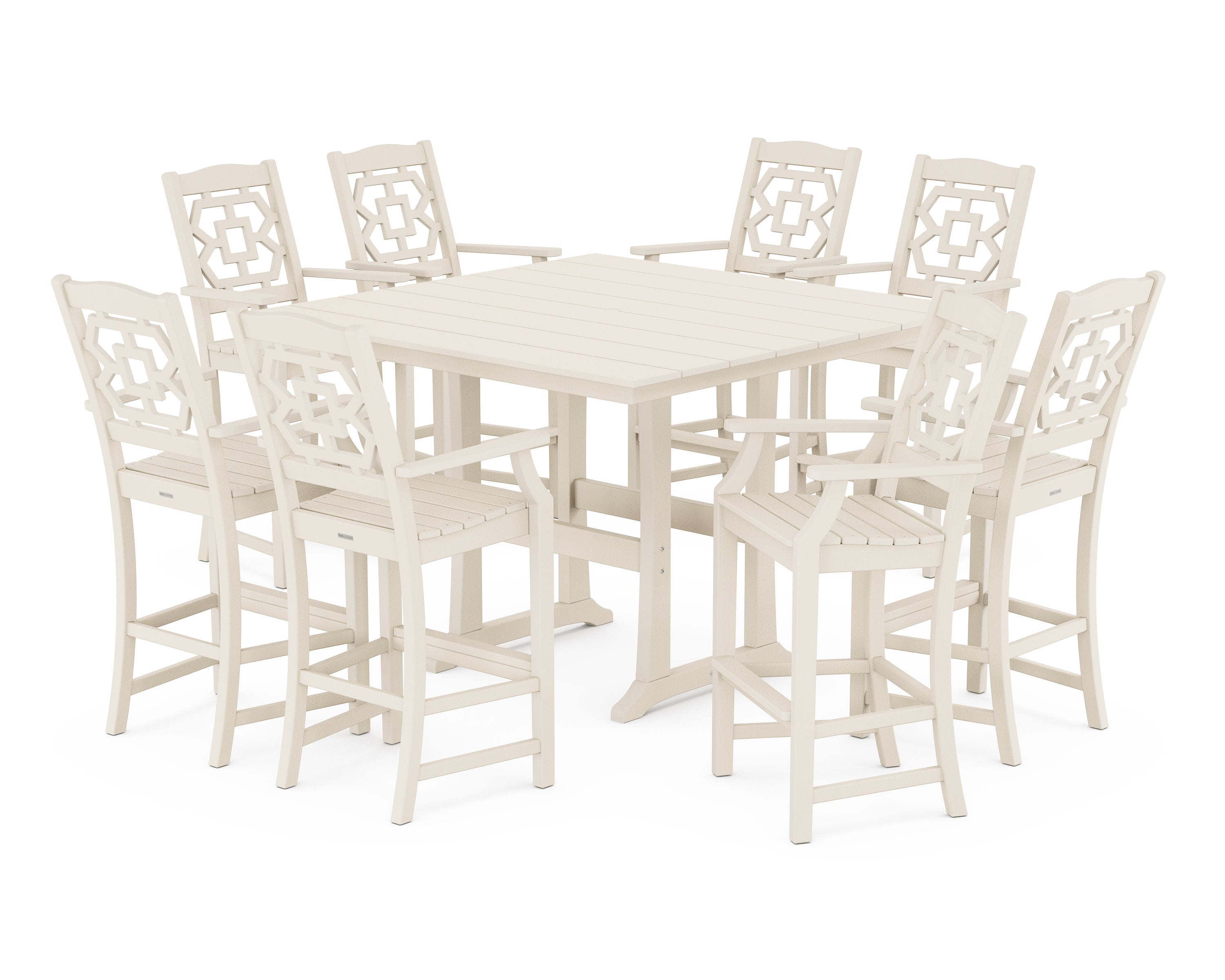 Chinoiserie 9-Piece Square Farmhouse Bar Set with Trestle Legs in Sand