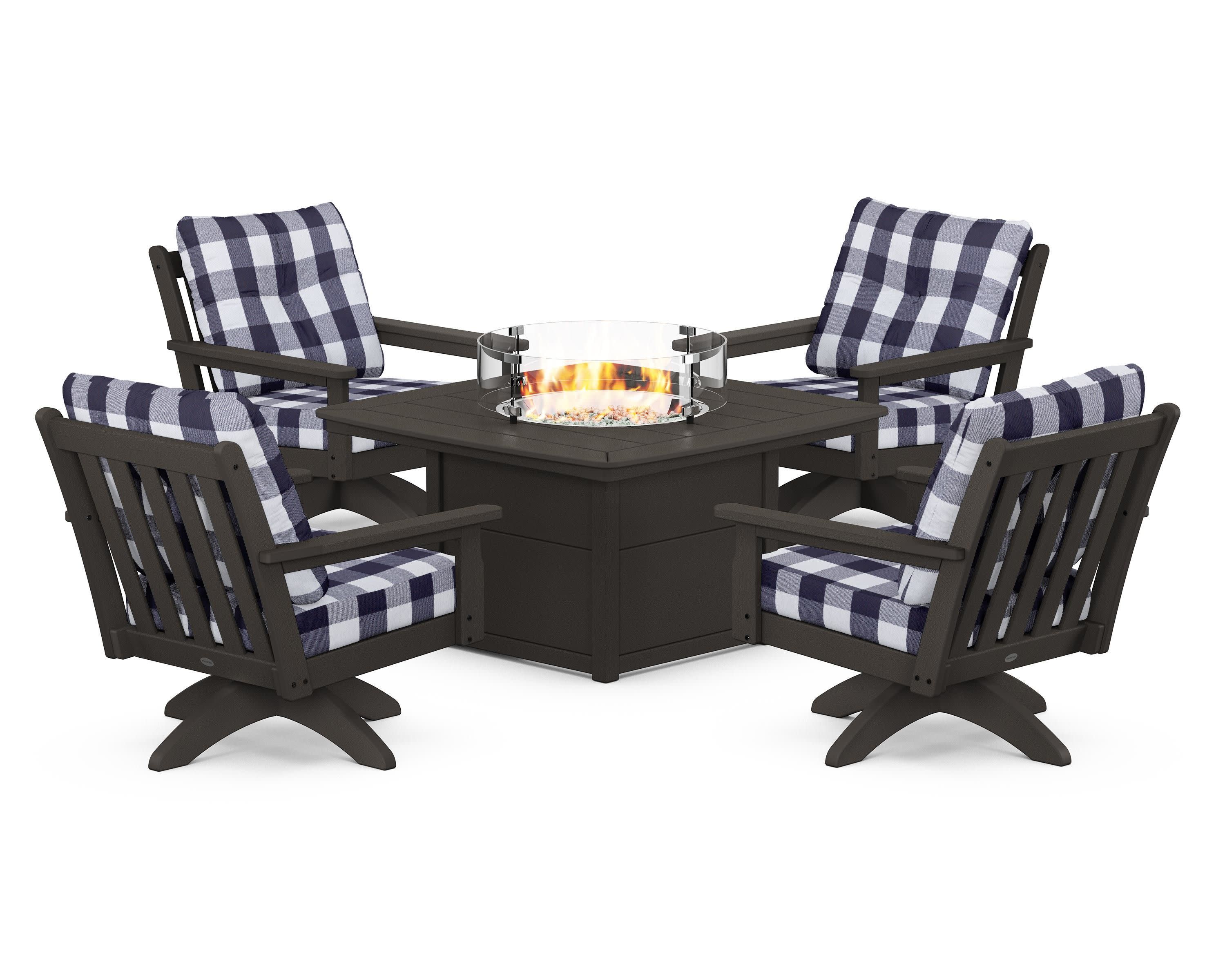 Vineyard 5-Piece Deep Seating Swivel Conversation Set with Fire Pit Table in Vintage Coffee / Buffalo Plaid Navy