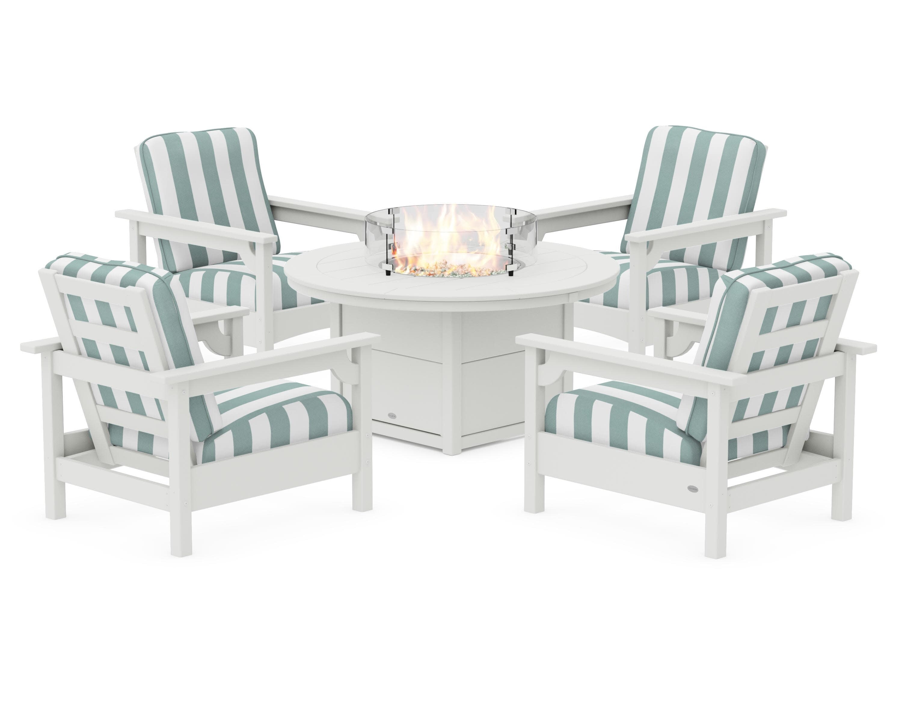 Club 5-Piece Conversation Set with Fire Pit Table in Vintage White / Cabana Stripe Glacier Spa