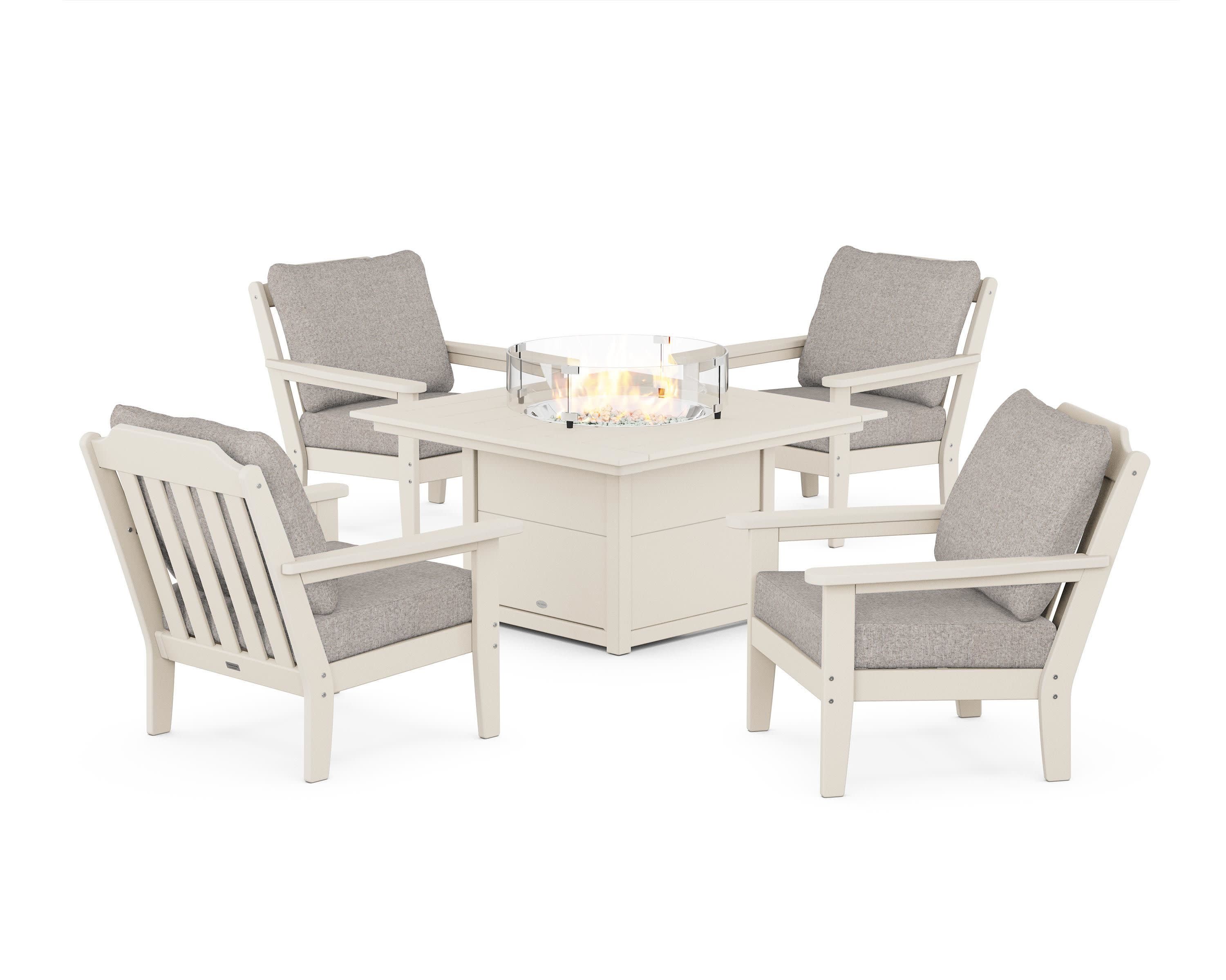 Cottage 5-Piece Deep Seating Set with Fire Pit Table in Sand / Weathered Tweed