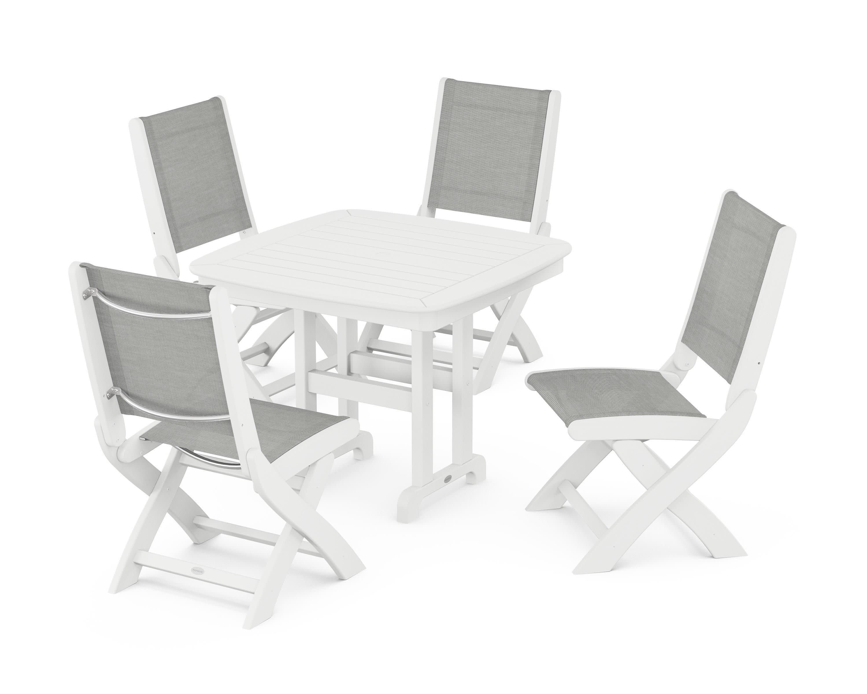 Coastal Folding Side Chair 5-Piece Dining Set in White / Metallic Sling