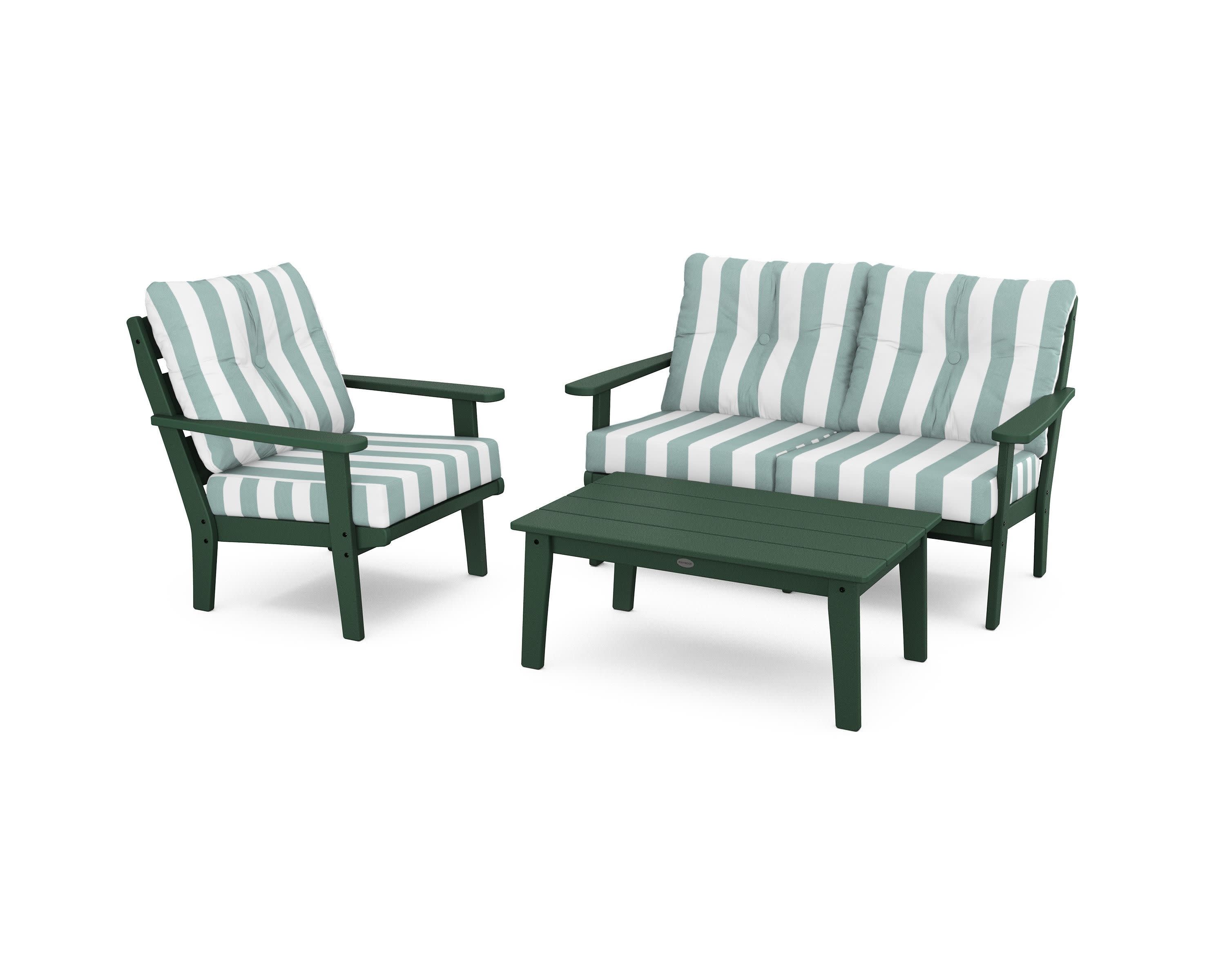 Lakeside 3-Piece Deep Seating Set in Green / Cabana Stripe Glacier Spa