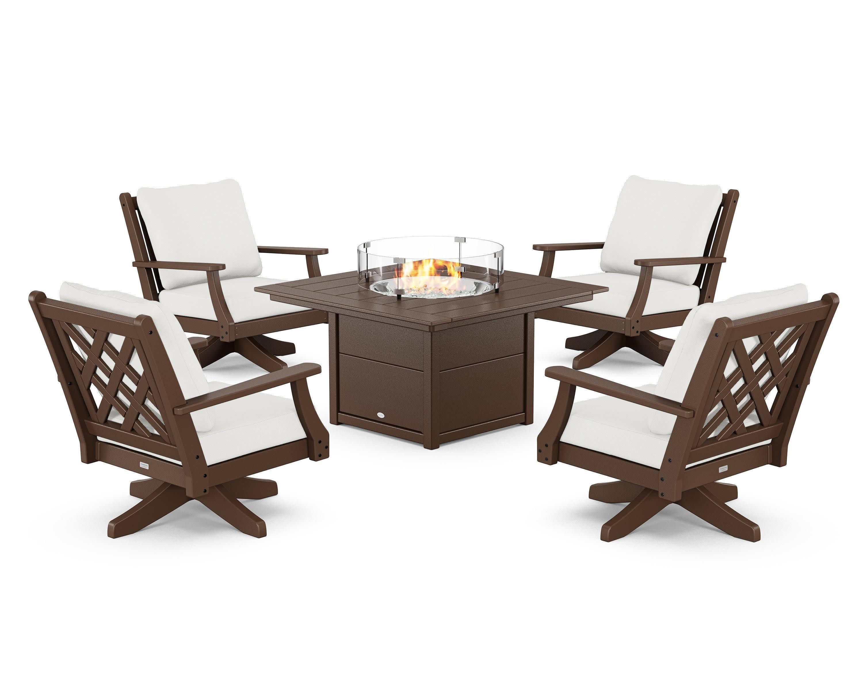 Wovendale 5-Piece Deep Seating Swivel Conversation Set with Fire Pit Table in Mahogany / Natural Linen