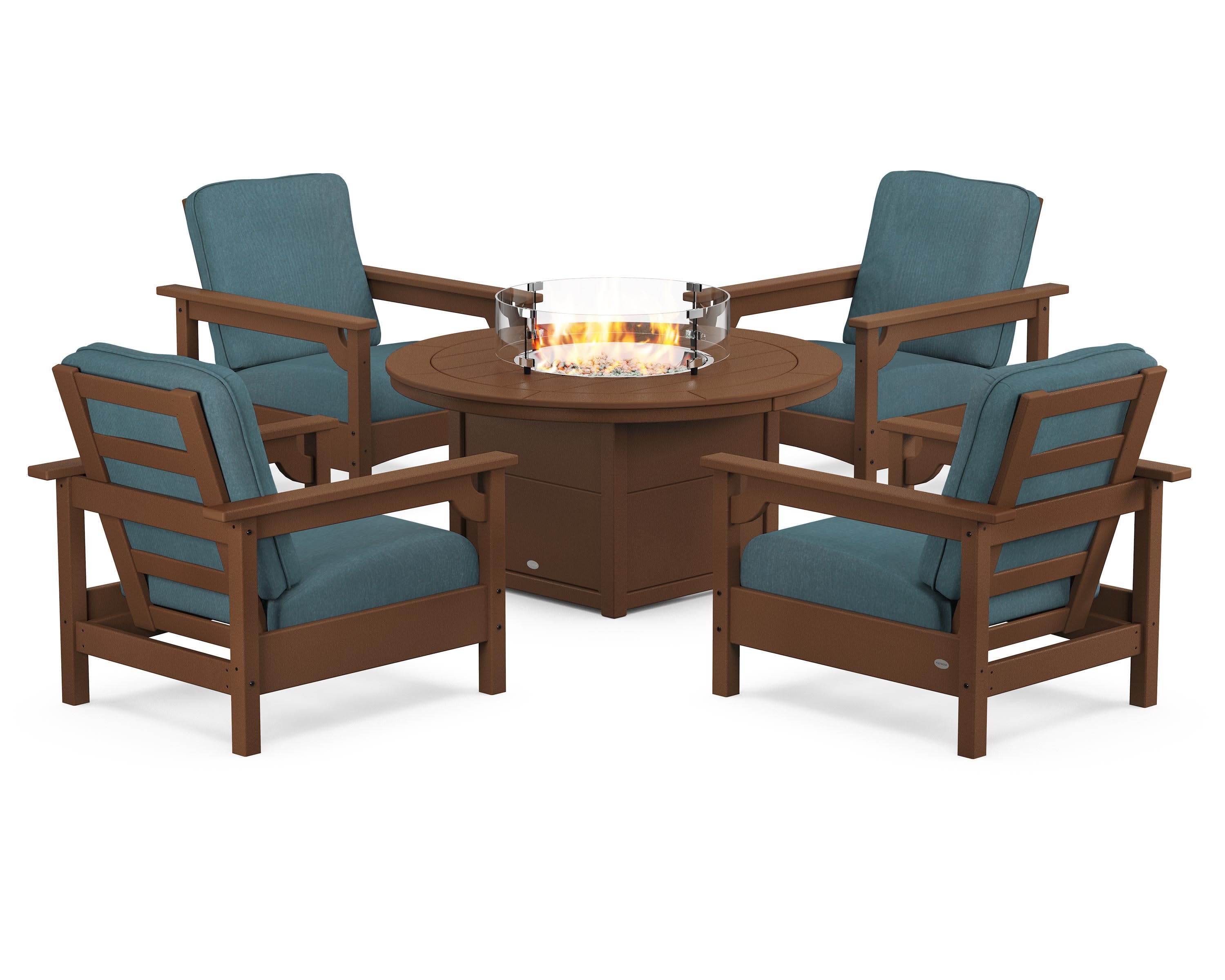 Club 5-Piece Conversation Set with Fire Pit Table in Teak / Ocean Teal