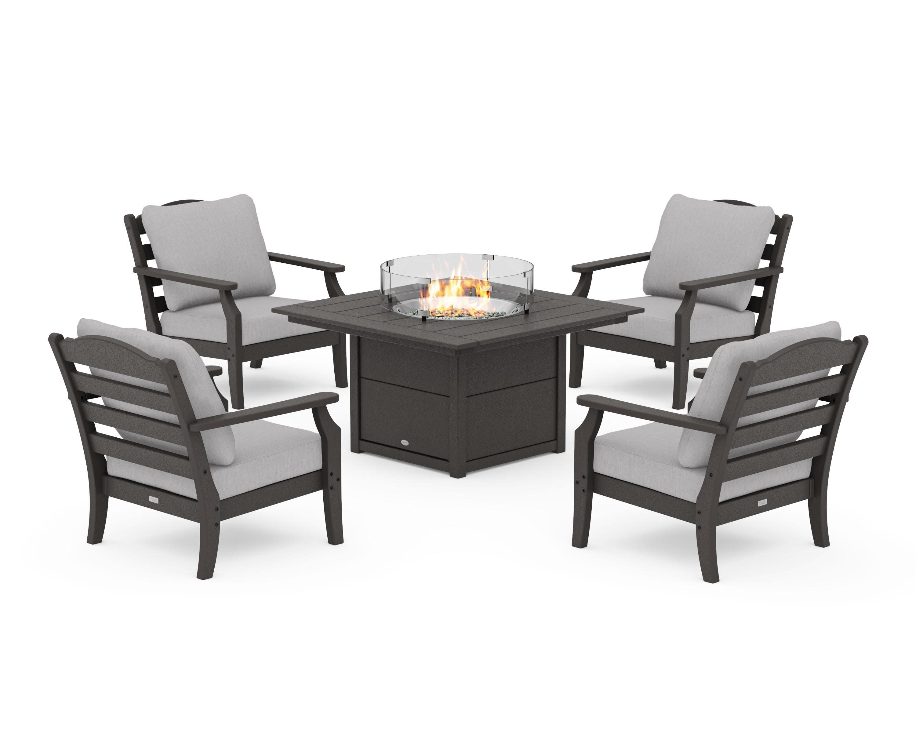 Savannah 5-Piece Deep Seating Set with Fire Pit Table in Vintage Coffee / Granite