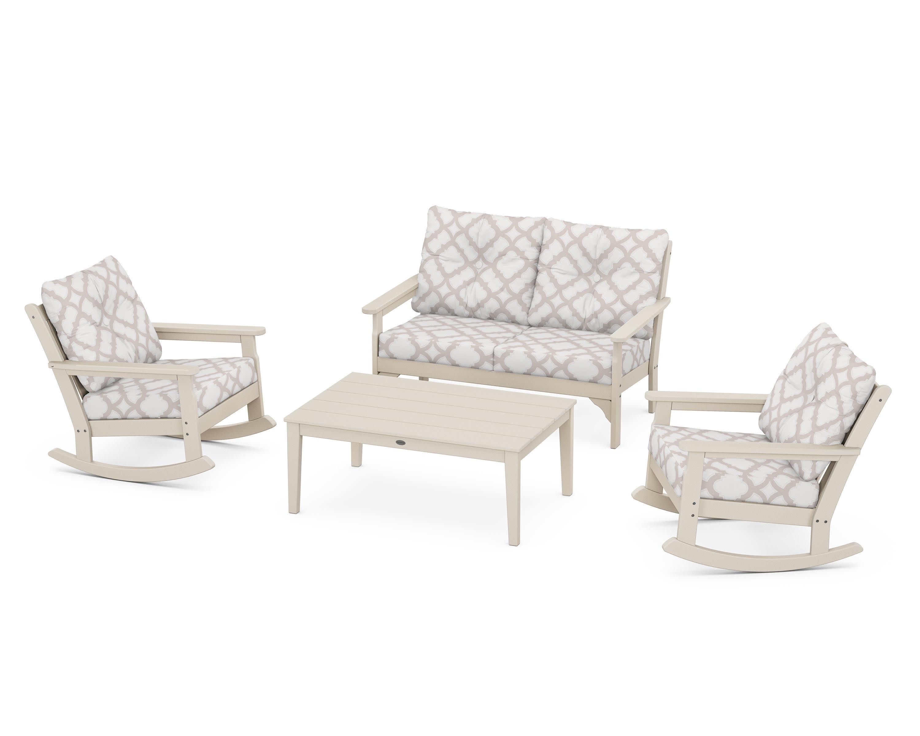 Vineyard 4-Piece Deep Seating Rocking Chair Set in Sand / Trellis Dune Burlap