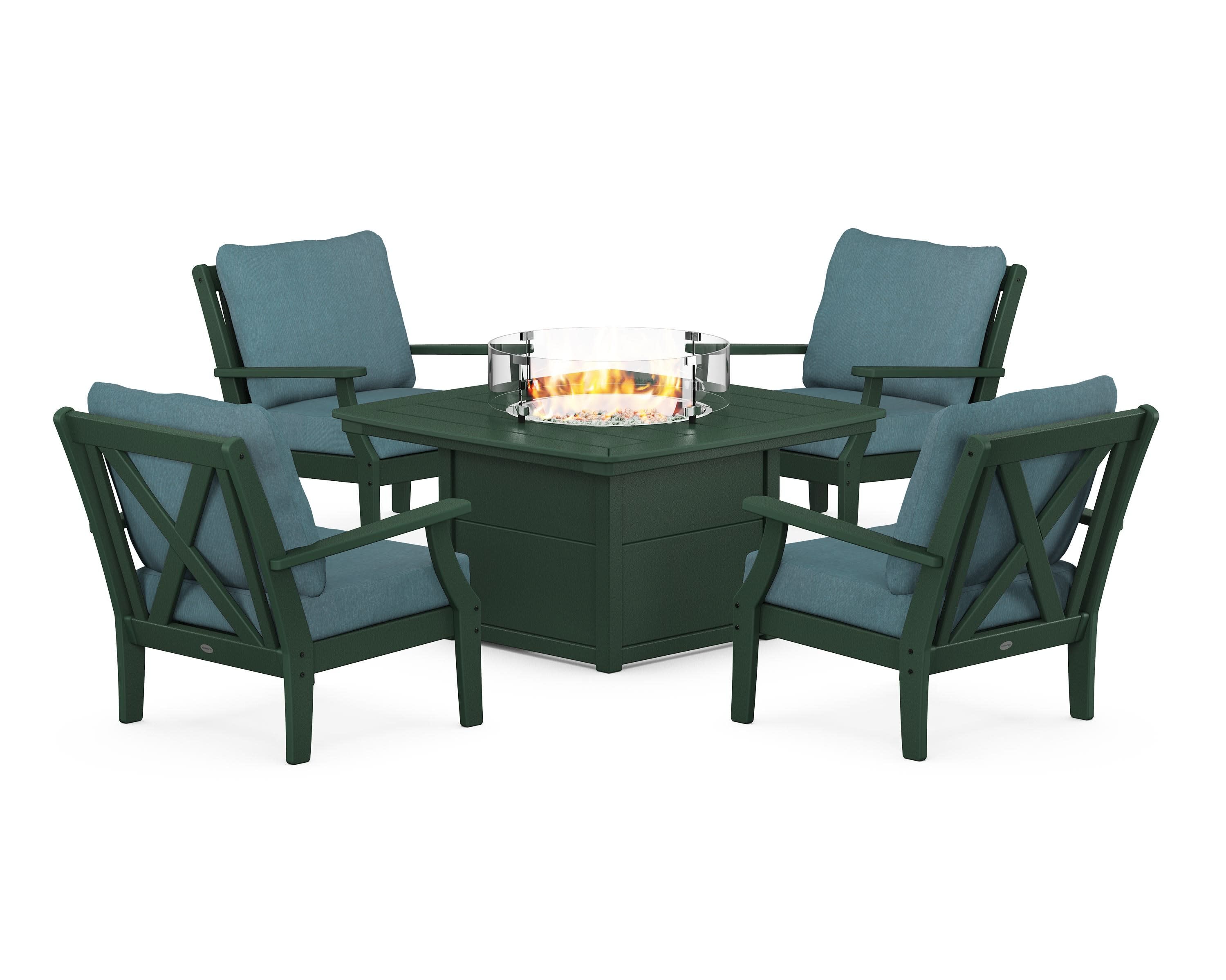 Braxton 5-Piece Deep Seating Conversation Set with Fire Pit Table in Green / Ocean Teal