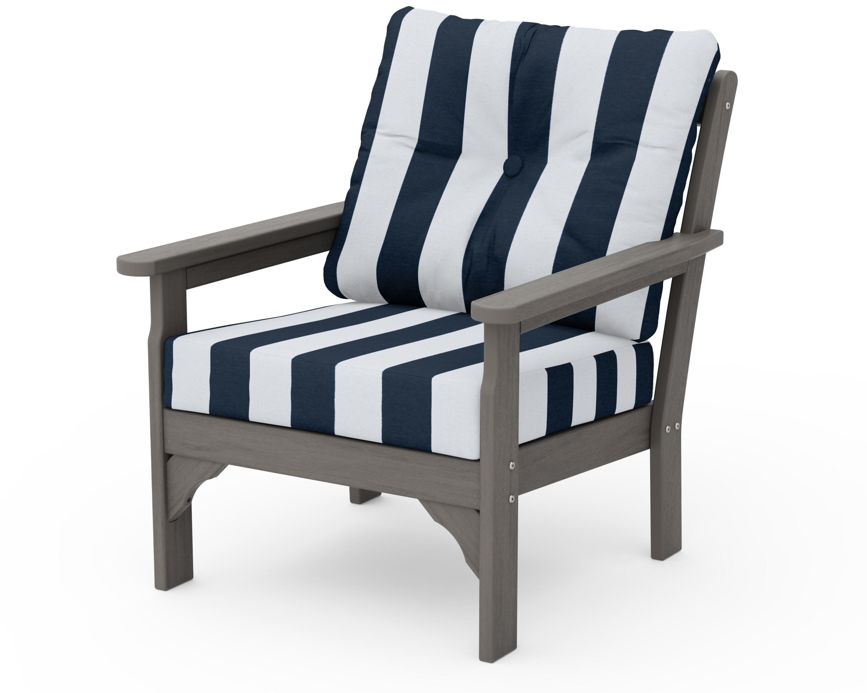 Vineyard Deep Seating Chair in Driftwood / Cabana Stripe Marine Indigo