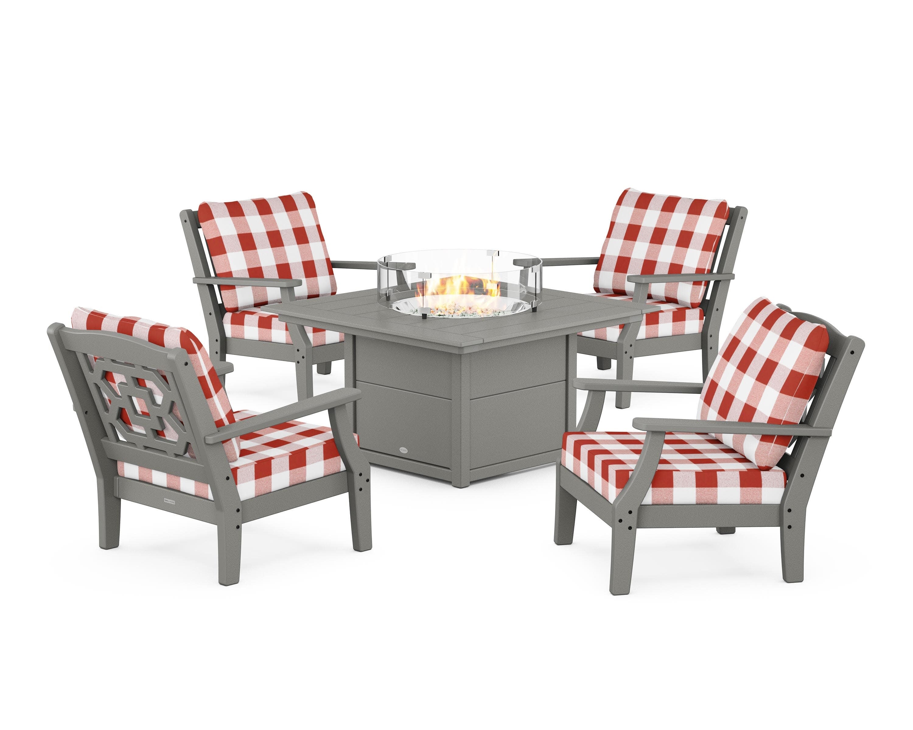 Chinoiserie 5-Piece Deep Seating Set with Fire Pit Table in Slate Grey / Buffalo Plaid Crimson