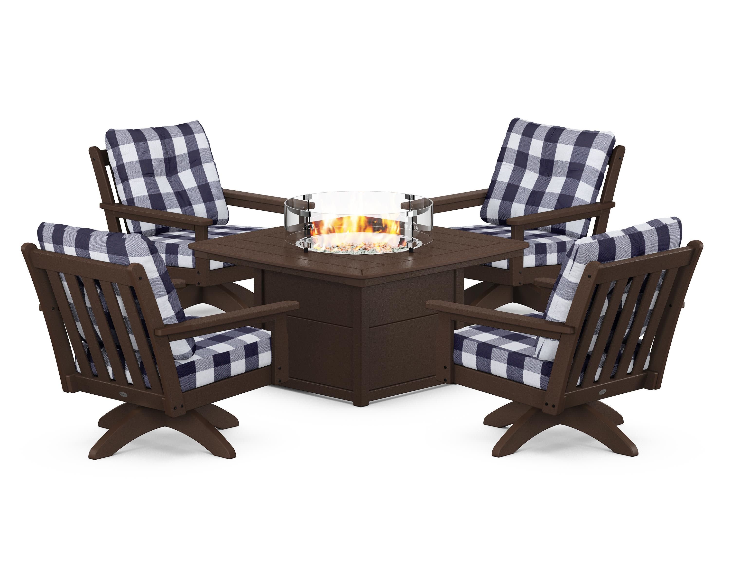 Vineyard 5-Piece Deep Seating Swivel Conversation Set with Fire Pit Table in Mahogany / Buffalo Plaid Navy