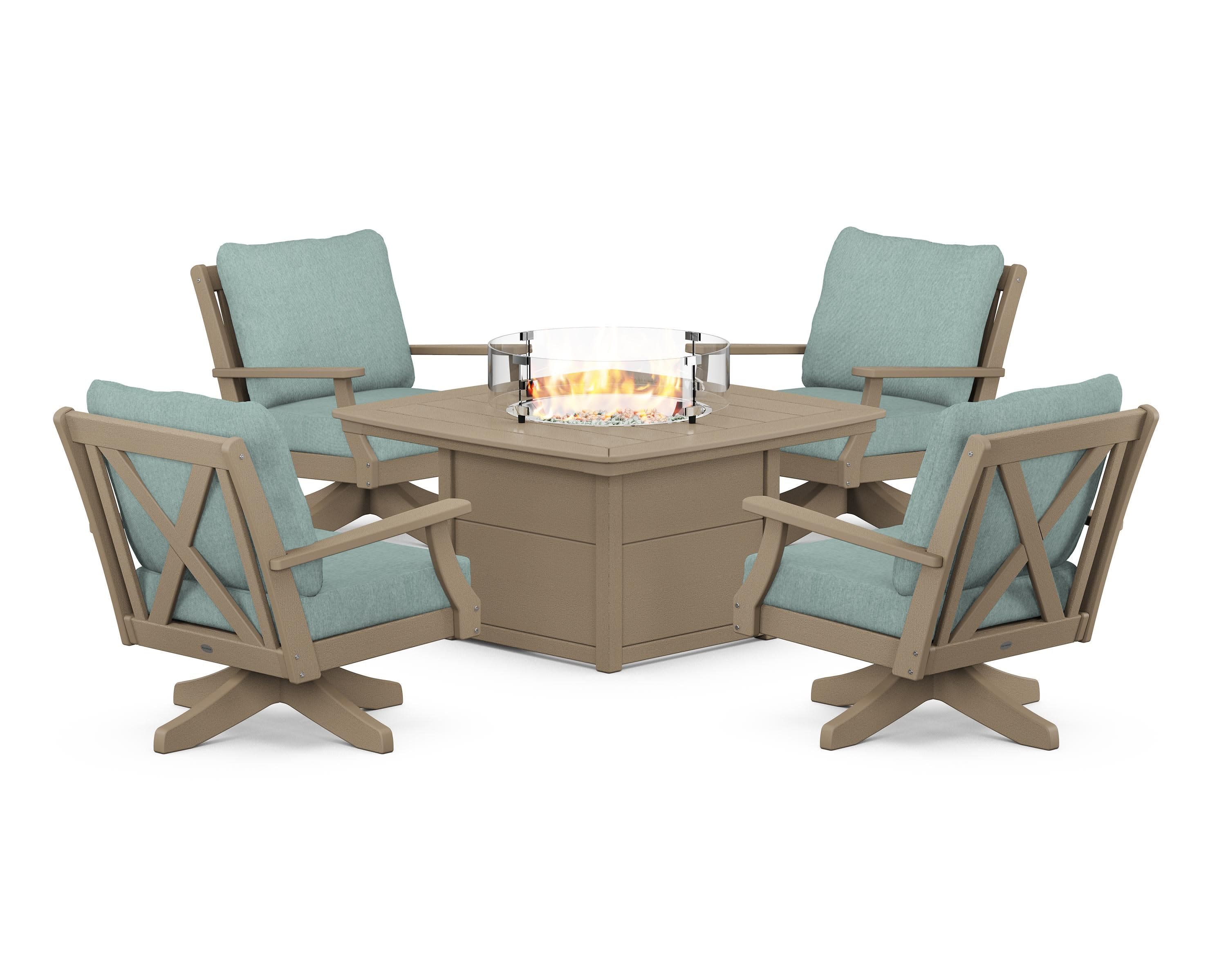 Braxton 5-Piece Deep Seating Swivel Conversation Set with Fire Pit Table in Vintage Sahara / Glacier Spa