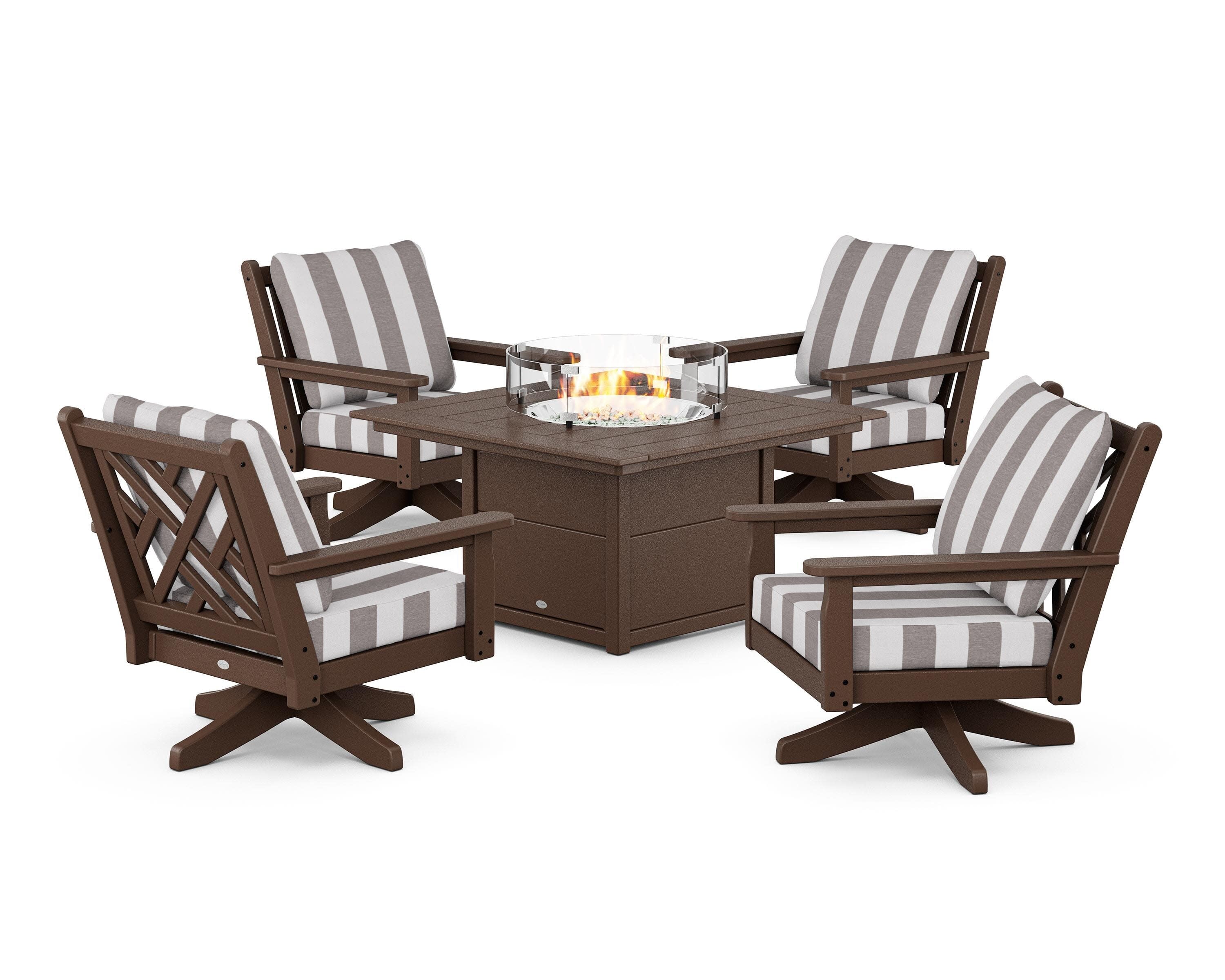 Chippendale 5-Piece Deep Seating Swivel Conversation Set with Fire Pit Table in Mahogany / Cabana Stripe Grey Mist