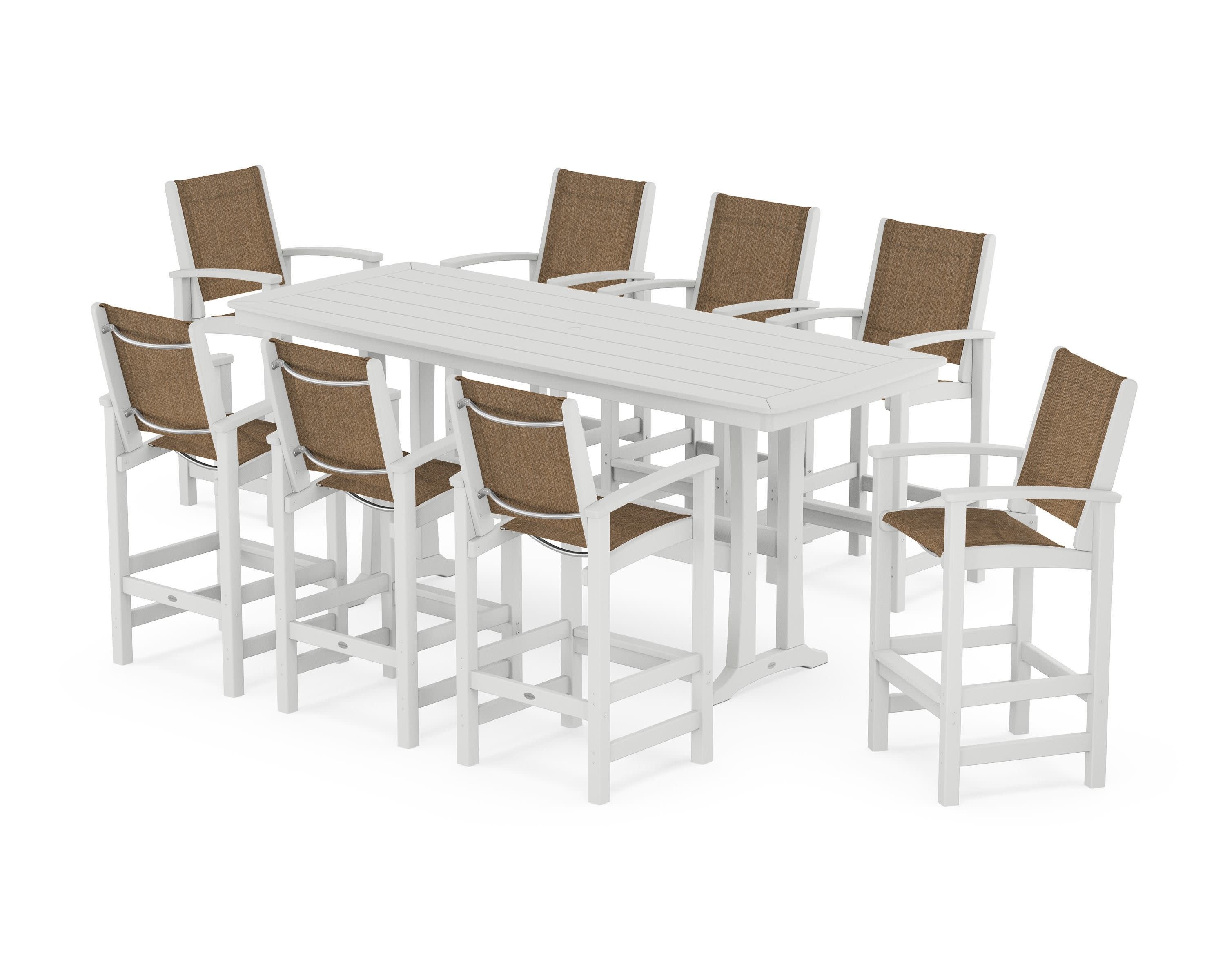 Coastal 9-Piece Bar Set with Trestle Legs in White / Burlap Sling