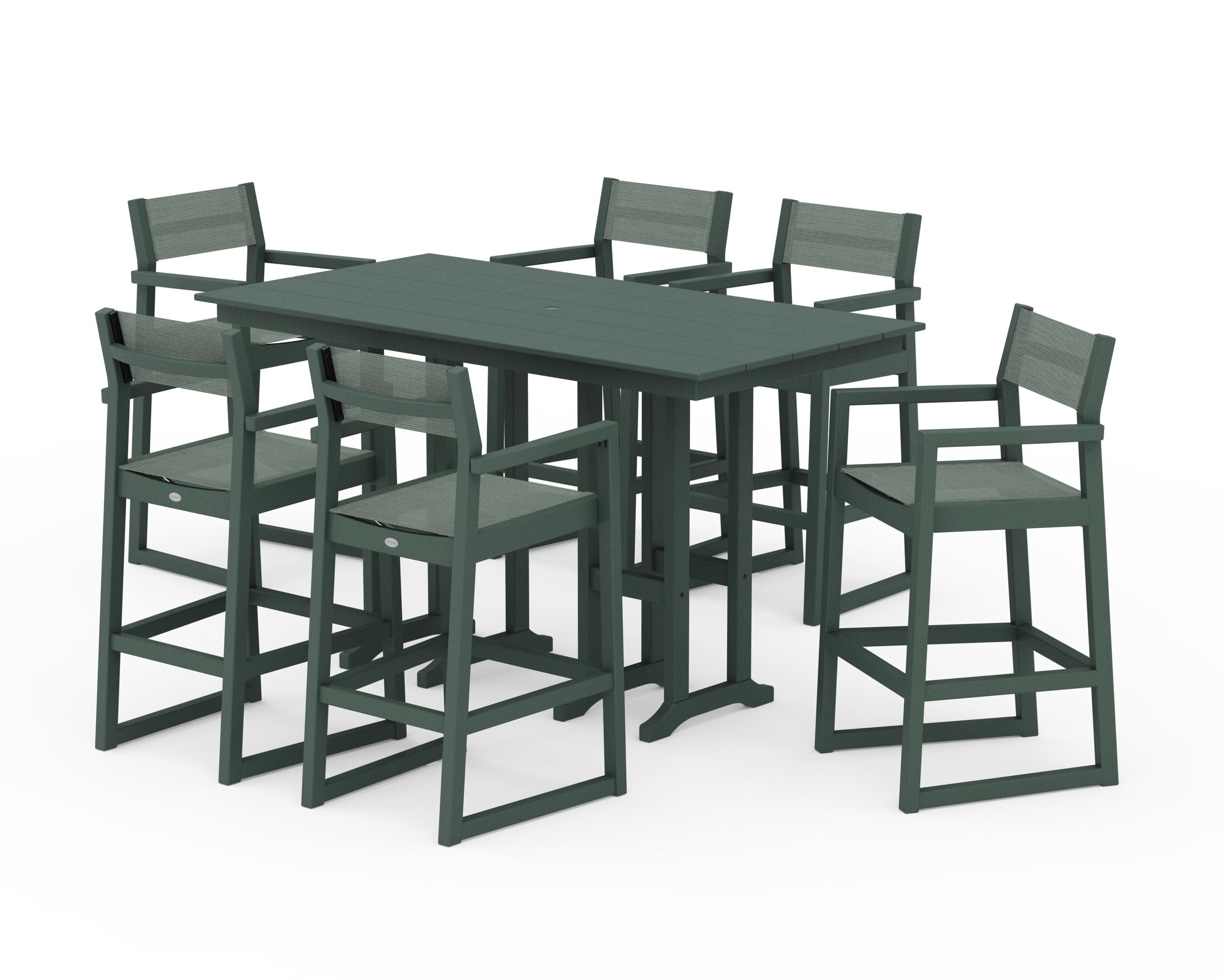 EDGE Sling Arm Chair 7-Piece Farmhouse Bar Set in Green / Dupioni Sea Mist Sling